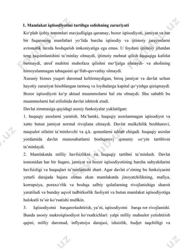 nda asosiy makroiqtisodiyot ko‘rsatkichlari: yalpi milliy mahsulot yetishtirish qajmi, milliy daromad, inflyatsiya darajasi, ishsizlik, budjet taqchilligi va boshqalarni optimal darajada bo‘lishiga erishiladi. mamlakat iqtisodiyotini barharor bo‘lishini ta’minlash uchun xukumat tomonidan fiskal, moliyaviy -kredit, ilmiy-texnik va investitsiya siyosatlarini olib borish orqali barcha dastak va usullar ishga solinishi kerak. davlat, iqtisodiyotni barqarorlashiga erisha olmas ekan tadbirkorlik faoliyati, mamlakat iqtisodiyoti, ijtimoiy ahvol va boshqa jarayonlar inqirozga yuz tutadi. jumladan, masalan, hukumat inflyatsiyaga qarshi kurash yuritmasa, u butun malakat iqtisodiyotini falanj bo‘lib qolishiga olib keladi. inflyatsiya quyidagi salbiy oqibatlarga olib kelishi mumkin: milliy tovarlar import tovarlar bilan raqobatlasha olmaydi. bu esa o‘z navbatida to‘lov balansini taqchilligiga, sanoat ishlab chiqarishini pasayishiga, ishsizlikni ortishiga olib keladi. valyuta chayqovchiligi boshlanadi; pulning, ayniqsa chet-el valyutasini mamlakatdan chiqib ketishi kuchayadi; valyuta devalvatsiyasi, natijada import tovarlar narxini o‘sishi va umuman narx-navoni ko‘tarilishi yuz .beradi; fuqarolar jamg‘armasi qadrsizlanadi; invesgitsiya faoliyati pasayadi va boshqa salbiy oqibatlar kelib chiqadi. ijtimoiy himoyalash va ijtimoiy …