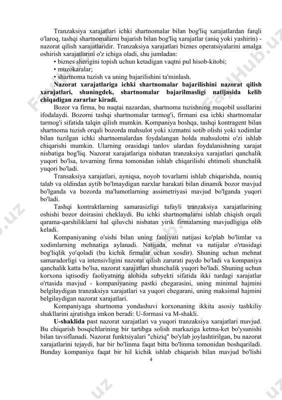 firma) haqida asosiy tushunchalar: • texnologik; • shartnoma; • strategik. texnologik yondashuv bilan kompaniya ishlab chiqarishning texnologik xususiyatlari bilan bog'liq bo'lgan ma'lum bir mahsulot uchun xarajatlarni optimallashtiradigan tuzilma sifatida qaraladi. mahsulot birligi uchun minimal xarajat ma'lum bir sanoat uchun minimal samarali mahsulot deb ataladigan mahsulotda erishiladi. xarajatlarning mahsulot ishlab chiqarishga bog'liqligi korxonaning texnologik chegarasini, korxona o'sishining gorizontal va vertikal chegaralarini belgilaydi. gorizontal chegara ikki ma'noda tushuniladi: bitta mahsulot ishlab chiqarish hajmi (bular bitta mahsulot ishlab chiqaruvchi kompaniyaning o'sish chegaralari) va bitta kompaniya ichidagi mahsulot xilma-xilligi (ishlab chiqarishni diversifikatsiya qilish chegaralari). korxonani tahlil qilishga texnologik yondashuv kompaniyaning keng va chuqur kengayishiga ishlab chiqarish cheklovlarini aniqlash, uning hajmining tabiiy chegaralarini belgilash va uning faoliyati samaradorligi uchun texnik shartlarni aniqlash imkonini beradi. shartnomaviy yondashuvda firma xodimlar, menejerlar va mulkdorlar o'rtasidagi munosabatlar majmuasini ifodalaydi. bu munosabatlar ko'pincha rasmiy bitimlar - shartnomalarda o'z aksini topadi. ammo rasmiy shartnomalar bo'lmasa ham, xodimlar, menejerlar, yetkazib beruvchilar va …