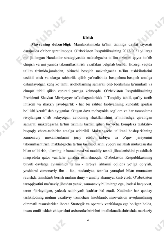 i rivojiga hissa qo’shishi uchun xizmat qilmoqda. davlat talablari vazifalari etib quyidagilar hisoblanadi: bolalarni maktabda o‘qishga tayyorlash; bolalarning sog‘lom va har tomonlama kamol topib shakllanishini ta’minlash hamda unda o‘qishga intilish hissini uyg‘otish; bolalarning har tomonlama rivojlanishi uchun integral ta’limni tashkil etish; shaxsga yo‘naltirilgan ta’lim-tarbiyani amalga oshirish; bolalarni xalqimizning boy madaniy-tarixiy merosi va umumbashariy qadriyatlar asosida ma’naviy-axloqiy jihatdan tarbiyalash uchun shart-sharoitlar yaratish; bolalarni maktabda o‘qishga tayyorlashda ularning ota-onalari bilan o‘zaro hamkorlik qilish hamda ota-onalarga amaliy jihatdan ko‘maklashish; bolalarda ijtimoiy-kommunikativ, axloqiy, estetik, intellektual, jismoniy sifat va salohiyatlarni uyg‘otish hamda rivojlantirish; bolalarni sog‘lom turmush tarzi bilan tanishtirish; bolalarda mustaqillik, mas’uliyatlilik, tashabbuskorlik xislatlarini shakllantirish; bolalarga dunyo haqida tushunchalar berish va tasavvurlarini kengaytirish; bolalarning yoshi, individual, psixologik va jismoniy xususiyatlari hamda qobiliyatini inobatga olgan holda ta’lim-tarbiya jarayonini tashkil qilish. ta’lim muassasalarining bir turi sifatida maktabgacha ta’lim muassasasi, shubhasiz, ularning har qaysisiga xos, bolalarning tarbiyasi, ta’limi, rivojlanishi va salomatligiga yaxshi yo‘nalganligi bilan bog‘liq umumiy xususiyatlarga ega. …