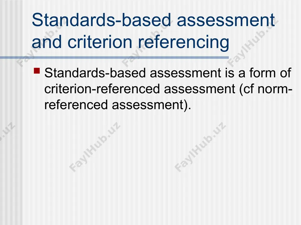 goals for teaching and learning; involve clear and specific statements of teaching aims professional understanding: to inform teachers about the typical progress of learning; more complex statements and include contextual and interpretative information in order to help the teacher understand more fully the nature of the emergent ability in the learner accountability: to act as statements of learning outcomes for administrative purposes - tends to be dominant function 7 formative vs summative assessment can standards-based assessment help with formative assessment? gathering evidence to form basis of reporting gathering of evidence a mixture of teacher-led assessment and external examination external evidence may be seen as intrusive, insensitive to learning places burden on teacher for record keeping requires intensive professional development of teachers best schemes provide good advice to teachers about integrating assessment in instruction - ‘assessment for learning’ movement 9 the assessment pyramid levels (numbered) level summaries strand descriptions within each …
