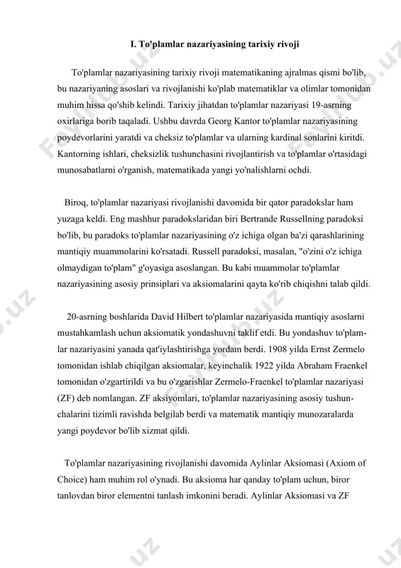 nlaydi. bu kabi aksiomalar yangi to'plamlarni yaratishda va ularni o'zaro bog'lashda katta yordam beradi. matematika va to'plamlar nazariyasida aksiyomalarni o'rganish, o'z navbatida, ko'plab matematik tushunchalarning rivojlanishiga olib keladi. masalan, aksioma birlik to'plami har qanday to'plam uchun, uning a'zolaridan iborat bo'lgan yangi to'plamni yaratadi. bu o'zgarishlar, matematikada o'zaro bog'liq bo'lgan tushunchalarni rivojlantirishga yordam beradi va yangi nazariyalar yaratishda asos bo'lib xizmat qiladi. aksiomalar, shuningdek, matematikada mantiqiy asoslarni ta'minlash uchun ham muhimdir. o'zaro bog'liq aksiomalar, masalan, aksioma cheksizlik, cheksiz to'plamlar mavjudligini ta'minlaydi, bu esa matematikada cheksiz miqdorlar va ularning xususiyatlarini o'rganishga imkon beradi. bu kabi aksiomalar, o'z navbatida, matematikada keng qamrovli va chuqur tushunchalarni rivojlantirish uchun zarurdir. bundan tashqari, aksiyomalar nafaqat to'plamlar nazariyasida, balki boshqa matematik sohalarda ham muhim rol o'ynaydi. ular algebrada, geometriyada va analizda qo'llaniladi, bu esa ularning universal ahamiyatini isbotlaydi. aksiomalar yordamida matematiklar yangi nazariyalarni shakllantirish va mavjud nazariyalarni chuqurlashtirish imkoniyatiga ega bo'lishadi. matematik tadqiqotlar, shuningdek, aksiomalar va ularning …