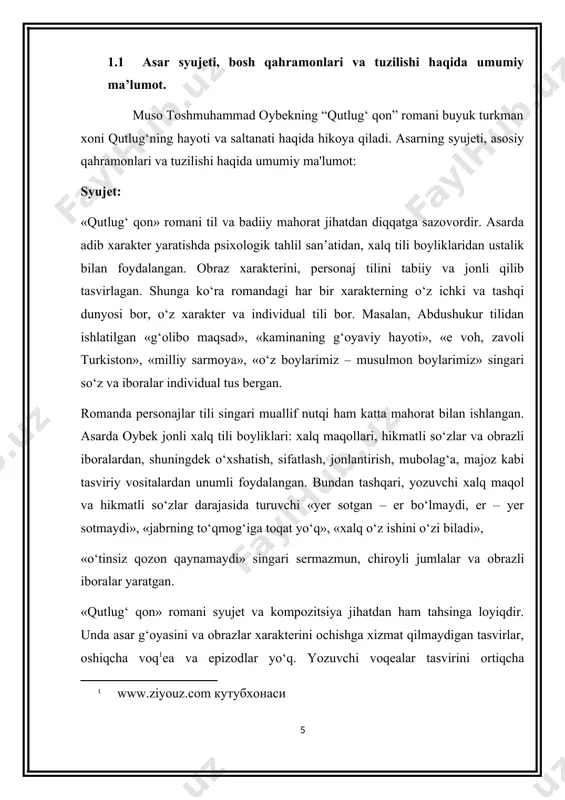 i. asarning tili va uslubi, xarakterlar ruhiyatini belgilashda oybek abdulla qodiriy izidan emas, ko‘proq yozuvchi cho‘lpon orqasidan borgan ko‘rinadi. yozuvchining tasvir uslubida ritm muhim rol o‘ynaydi. oybek, cho‘lponning «kecha va kunduz» romanida bo‘lgani kabi, asar muqaddimasi (ekspozitsiyasi) ga katta o‘rin ajratadi; voqealar g‘oyat sust rivojlanib boradi. ammo qahramonlar obrazi yorqinlashib, kurash maydoni bir qadar yorishgach, harakat keskin rivojlanib ketadi. bunday o‘rinlarda tasviriy tafsillar ham, peyzaj ham qahramonlarning nutqlari ham nihoyatda qisqaradi. kitobxon asarni o‘qir ekan, oybekning iste’dodlik yozuvchi, xassos shoir ekanligini aslo unutmaydi. xulosa qilib aytganda, oybekning «qutlug‘ qon» romani xarakterlari ruhiyatidagi kechinmalar, tuyg‘ular asar badiiy pafosini ochib berishga ximat etgan. asar bugungi adabiyotshunoslikda yetakchi tahlil yo‘nalishlaridan bo‘lgan ruhiy tahlil uchun manba bo‘lib xizmat eta olishi, undagi xarakterlar ruhiyatini ochib beruvchi badiiy-psixologik detallar talqinidan yaqqol ko‘zga tashlanadi. · bosh qahramonlar: · yoʻlchi–bosh qahramon, mirzakarimboyning jiyani, gulnorning sevgilisi. asar nomidagi „qutlugʻ qon“ yoʻlchining qoni · gulnor-yoʻlchining sevgilisi,mirzakarimboy tomonidan ikkinchi xotin qilib …