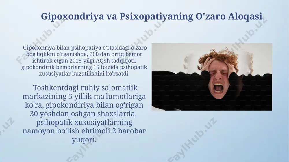 ko'rsatadiki, 50% gacha bo'lgan hollarda irsiy moyillik kuzatiladi, ayniqsa, shimoliy amerika va yevropa mamlakatlarida. bolalik davrida bosh miya shikastlanishi yoki ruhiy travmalar, masalan, zo'ravonlik, e'tiborsizlik va 3 yoshgacha bo'lgan davrlarda yuz bergan noqulay sharoitlar psixopatiya rivojlanish xavfini oshiradi. psixopatiya sindromining diagnostikasi bemorning bolalik davridagi tajribalari, oilaviy tarixi va ijtimoiy muhitini tahlil qilish, shuningdek, 3 yildan ortiq kuzatish davri psixopatiya sindromining aniq diagnostikasiga yordam beradi. psixopatiya sindromini aniqlashda dsm-5 va icd-11 kabi xalqaro tasniflash tizimlaridagi 20 dan ortiq mezonlar va klinik baholash usullari, shu jumladan, minnesota ko'p fazali shaxsiyat inventarizatsiyasi (mmpi) qo'llaniladi. e'tiboringiz uchun rahmat @taqdimot_robot image4.png image5.jpg image6.jpg image7.jpg image8.jpg image9.jpg image10.jpg image11.jpg image12.jpg image13.jpg image14.jpg image3.jpeg