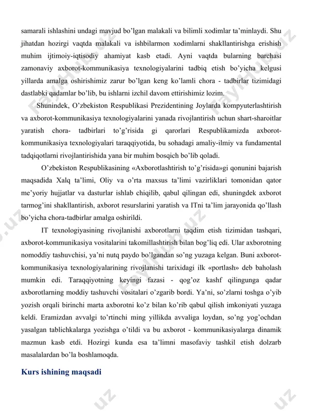 l etish usullari o’rta - maxsus ta’lim tizimida masofali o’qitish jarayonini samarali tashkil qilishda turli elektron axborot ta’lim resurslar jumladan, elektron o’quv adabiyotlarini yaratishga alohida ahamiyat berish talab etiladi. chunki, masofali o’qitish asosan ta’lim oluvchining mustaqil o’rganishiga asoslangan o’quv faoliyati hisoblanadi. masofaviy ta’lim tizimida bo’lajak mutaxassislarni tayyorlashning samaradorligini oshirishda ta’lim beruvchi va ta’lim oluvchi shaxsining muntazam aloqasini ta’minlash asosiy vazifa bo’lib hisoblansa quyidagi ta’limiy imkoniyatlarni qo’lga kiritish mumkin: · masofaviy ta’lim o’qishga ijobiy yondashuvni ta’minlaydi; · pedagogik jarayon maqsadi sifatida ta’lim oluvchiga yo’nalish berish imkoniyati bor; · metodologik, nazariy, uslubiy bilimlarni egallashga imkon yaratadi; · bilish faoliyatini mustaqil tashkil etish imkonini beradi; · ta’limning turli axborotlarini topish va o’zlashtirish imkonini beradi; · zamonaviy pedagogik texnologiya asosida tashkil etiladigan bilish faoliyatini amalga oshirish borasida samarali qo’llaniladi; · axborotlarga bo’lgan ehtiyojlarni qondirishda, axborot olish va undan foydalanish samaralarini hosil qilish borasidagi ishlanmalarni tayyorlashga keng imkoniyatlar yaratadi. o’quv mashg’ulotlari, odatda, ma’ruza, maslahat, seminar, …