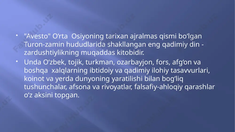 zaratushtra vafotidan song boshlangan. avesto jamiyati to‘rt ijtimoiy bosqichdan iborat: patriarxal oila jamoasi - nmana, patriarxal urug‘ jamoasi - vis, qabila jamoasi - zantu qabilalar ittifoqi - daxyu. dax’yu viloyat, mamlakat ma’nosini ham anglatgan. sastar mamlakat harbiy kuchlariga qo‘mondonlik qilgan va poytaxt yoki o‘lkani boshqarish kirgan oila, urug‘, qabila boshlig‘ini anglatish uchun “pati” (ota), “patni” ona nmapatni. nmanya-oila ma’budasi yoki a’zosi anglatgan. oila boshlig‘i - nmanapati, urug‘ oqsoqoli – vispati qabila boshlig‘i - zantupati, mamlakat sardori - dax’yupati deb yuritilgan. mamlakatni idora qilgan shaxs “kavi”, ya’ni diniy, dunyoviy hokimiyat egasi bo‘lib, uning mamlakat boshlig‘igi “sastar” so‘zi ishlatilgan. avesto" da olam qarama-qarshiliklardan iborat. yorug‘lik va zulmat, hayot va o‘lim, ezgulik va yovuzlik adolatli qonunlar va qonunsizliklar o‘rtasidagi kurash unda o‘z ifodasini topgan. zardushtning diniy ta’limotida ezgulikni qaror toptirish ruhi (axuramazda) bilan yovuzlik ruhi (axramon) o‘rtasidagi kurash ta’riflanadi. axuramazda ezgulikni vujudga keltirishda odamlarni imonli bo‘lishiga undayveradi. axramon esa unga qarshi odamlarni yomon …
