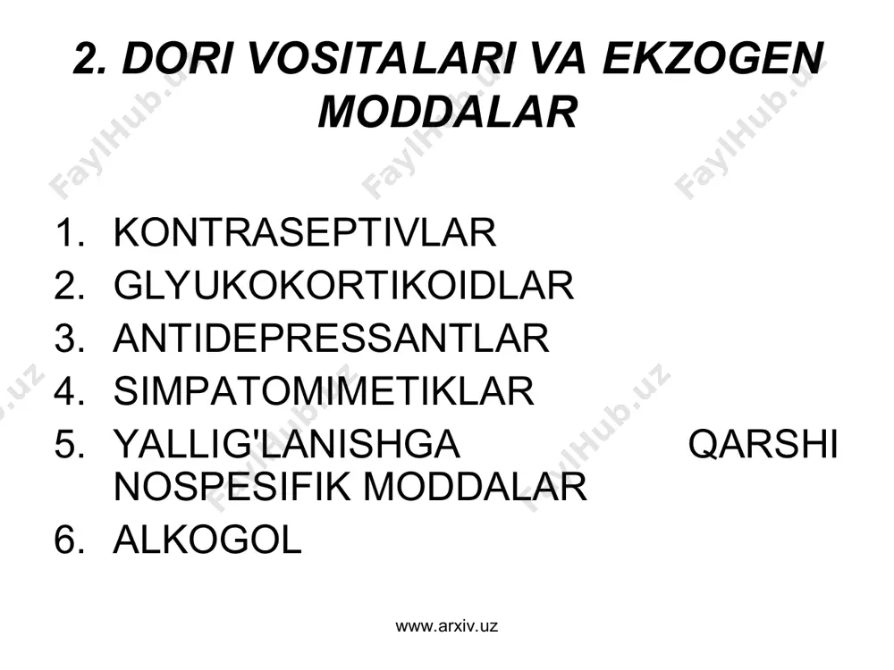 giperplaziyasi yoki o'smasi: bezdan ko'p miqdorda glyukokortikoid (11 oks) ajraladi. ad oshishi, semirish, uyquchanlik. qonda – giperglikemiya, 11-oks ko'payadi. www.arxiv.uz www.arxiv.uz d) tireotoksikoz - tiroksin, triyodtironin ko'p ajraladi. qalqonsimon bez kattalashadi ko'z alomatlari – oftalmopatiya – ekzoftalm taxikardiya, ad - sistolik bosim bir oz ko'tariladi, asosiy modda almashinuvi kuchayadi. www.arxiv.uz www.arxiv.uz tireotoksikoz www.arxiv.uz www.arxiv.uz davosi etiologik davo – anatomik o’zgarishlar natijasida vujudga keladigan sagda (aorta koarktasiyasi, feoxromositoma, adenoma, buyrak arteriyasi torayishi) jarroxlik usullari qo’llaniladi simptomatik davolashda konservativ usullar qo’llaniladi. gipotenziv vositalar, vazodilatator, diuretiklar beriladi. www.arxiv.uz www.arxiv.uz bosqichma bosqich davo 1 bosqich tana vaznini kamaytirish alkogol iste'molini to’xtatish regulyar aerob mashqlar osh tuzi iste'molini kamaytirish kaliy, kalsiy, magniyni yetarlicha iste'mol qilish chekish va yog’li mahsulotlarni cheklash www.arxiv.uz www.arxiv.uz 2 -bosqich (agar ab 140/90 mm.sim.ust kamaymasa) medikamentoz davo - yondosh kasalliklarni bartaraf etish uchun, agar yondosh kasalliklar bo’lmasa – diuretiklar yoki beta-blokatorlarni tavsiya qilinadi. www.arxiv.uz www.arxiv.uz 3 - bosqich (agar ab 140/90 …