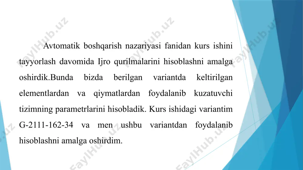 g*p+1)*(tdv*p+1)); n=4; % tizim tartibi % opredelenie koeffitsientov xarakteristicheskogo uravneniya wz=simplify(1/(1+wpas));[num,den]=numden(wz); n=n+1; m=n-2; ac=coeffs(den,p); dp=vpa(collect(den/ac(n)),6) % formirovanie opredeliteley matritsы gurvitsa g, kotorыe % doljnы bыt bolshe nulya for i=1:n; b1(i)=ac(n+1-i); end; b=b1/ac(n); n=n+1; m=n-2;kn=n-fix(n/2)*2; for k=1:m; ik=fix((k+1)/2); kk=(-1)^k; k1=ik+fix((kk+kn)/2)+fix(n/2)-1; for i=ik:k1; i1=(i-ik+1)*2-fix((kk+1)/2);g(k,i)=b(i1);end; end nk=fix((n-1)/2);for id=1:nk; nid=n-1-2*(nk-id); for i=1:nid for j=1:nid; gd(i,j)=g(i,j);end; end detg=vpa(det(gd),6), cdet=sym2poly(detg);kras1=roots(cdet);kras1' end dastur bajarilishi natijasida pechatga yopiq tizim tavsifiy tenglamasining polinomi ifodasi chiqadi dp = p^4 + 35.6619*p^3 + 302.831*p^2 + (398.724*kpas + 946.97)*p + 996.81*kpas + 996.81 tekshirish uchun zaruriy aniqlovchilarning ifodasi - 158981.0*kpas^2 + 2283166.0*kpas + 8062355.0 va aniqlovchilarni nolga aylantiruvchi kpas qiymatlari: 17.2937 -2.9324 shunday qilib, berilgan misol uchun yopiq tizim barqarorlik shartlari sifatida quyidagi tengsizliklar xizmat qiladi 996.81*kpas + 996.81 > 0 , 398.724*kpas + 946.97 > 0, - 158981.0*kpas^2 + 2283166.0*kpas + 8062355.0 > 0 ulardan esa qidirilayotgan turg‘unlik sohasini aniqlab olishimiz mumkin -1 > omega=[0.1 1/0.33 1/0.4 1/0.38 1/0.2 1/0.04 1/0.001]; …