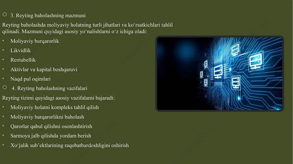 eyting baholashda qo‘llaniladigan ko‘rsatkichlar tizimi korxonaning faoliyatini aniq va obyektiv baholash uchun muhim vosita hisoblanadi. bu ko‘rsatkichlar moliyaviy barqarorlik, rentabellik, likvidlik, qarz majburiyatlari va boshqa moliyaviy jihatlar bo‘yicha tahlil qilishga yordam beradi. quyida korxonaning moliyaviy holatini reyting baholashda qo‘llaniladigan asosiy ko‘rsatkichlar tizimi va ularni aniqlash usullari keltirilgan. 1. moliyaviy ko‘rsatkichlar tizimi korxonaning moliyaviy holatini baholash uchun bir nechta asosiy ko‘rsatkichlar tizimi ishlatiladi. ular quyidagilarni o‘z ichiga oladi: a) rentabellik ko‘rsatkichlari rentabellik — bu korxonaning daromad olish samaradorligini ko‘rsatadi. quyidagi ko‘rsatkichlar rentabellikni baholashda qo‘llaniladi: sof foyda rentabelligi (net profit margin): sof foyda rentabelligi=sof foyda/daromad*100 bu ko‘rsatkich korxonaning daromadining qancha qismi sof foyda ekanligini ko‘rsatadi. aktiv rentabelligi (return on assets, roa): roa=sof foyda/aktivlar*100 bu ko‘rsatkich korxonaning umumiy aktivlari orqali qancha foyda olish imkoniyatini baholaydi. kapital rentabelligi (return on equity, roe): roe=sof foyda/sohibkarlik kapitali*100 bu ko‘rsatkich korxonaning aksiyadorlarga qaytarayotgan foydasini o‘lchaydi. b) likvidlik ko‘rsatkichlari likvidlik — bu korxonaning qisqa muddatli majburiyatlarini bajarish qobiliyatini …