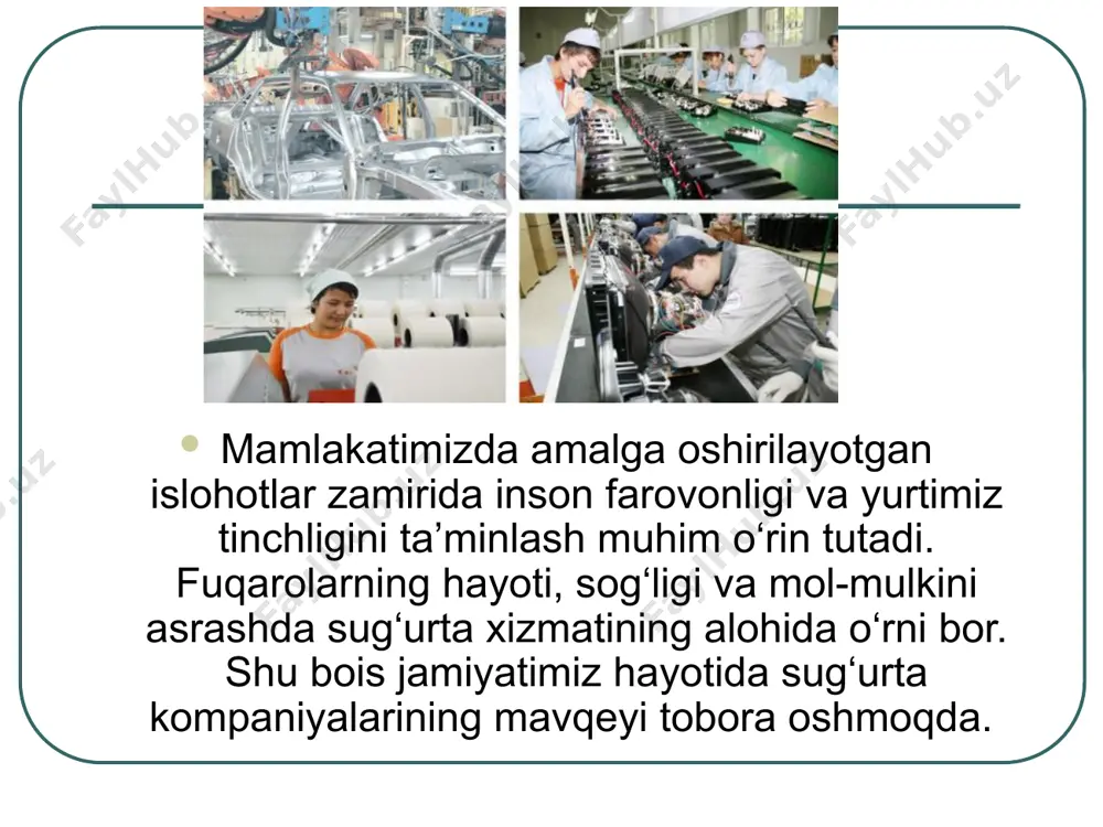 o‘lanishi qat’iy nazoratga olingan. shartnomaviy majburiyatlarning o‘z vaqtida va to‘liq bajarilishiga qaratilayotgan katta e’tibor tufayli “o‘zagrosug‘urta” eng ko‘p to‘lovlarni amalga oshirib kelayotgan sug‘urta kompaniyalardan biri hisoblanadi. ayni vaqtda mamlakatimiz miqyosida to‘langan sug‘urta qoplamalarining qariyb 30 foizi mazkur kompaniya hissasiga to‘g‘ri keladi. kompaniyaning bu yo‘nalishda yurtimizda faoliyat yuritayotgan banklar va boshqa moliya tashkilotlari bilan hamkorligi alohida ahamiyatga ega. hozir kredit ta’minoti sifatida garovga qo‘yilayotgan hamda lizingga olinayotgan mulklarning zararlanishi yoki yo‘qotilishidan, garovga oluvchini baxtsiz hodisalardan sug‘urtalash, kredit qaytmasligi xavfini sug‘urtalash orqali sug‘urta himoyasi darajasining ortishiga erishilmoqda. to‘lanayotgan sug‘urta tovonlari qarzdorlarning majburiyatlarini o‘z vaqtida bajarilishiga xizmat qilayotir. image1.jpeg image2.jpeg image3.jpeg image4.jpeg image5.jpeg image6.jpeg image7.jpeg image8.jpeg