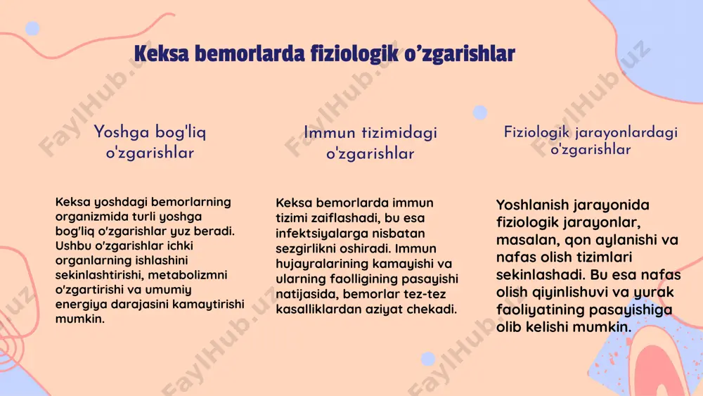 li kasalliklarni boshqarishni o'z ichiga oladi. bundan tashqari, tibbiy muolajalar va dori-darmonlar doimo nazorat qilinishi zarur, chunki keksa bemorlar dori-darmonlarga nisbatan sezgir bo'lishi mumkin. reabilitatsiya va sog'lom turmush tarzi reabilitatsiya jarayoni keksa bemorlar uchun juda muhimdir. bu nafaqat jismoniy mashqlarni, balki sog'lom ovqatlanishni ham o'z ichiga oladi. keksalar uchun parhezda vitaminlar va minerallarga boy oziq-ovqatlar, masalan, sabzavotlar va mevalar, muhim ahamiyatga ega. shuningdek, jismoniy faoliyatni oshirish uchun muntazam ravishda yurish va boshqa sport turlari tavsiya etiladi. photo by kenny eliason on unsplash keksa bemorlar va ularning ehtiyojlari sog'liqni saqlash xizmati keksa bemorlar uchun sog'liqni saqlash xizmati ko'rsatish juda muhimdir. ular ko'pincha surunkali kasalliklardan azob chekadi va maxsus tibbiy yordamga ehtiyoj sezadilar. sog'liqni saqlash xizmatlari ularga muntazam tibbiy ko'riklar, dori-darmonlar va terapevtik yordam taqdim etishi zarur. oila va jamiyat roli keksa bemorlarning ehtiyojlarini qondirishda oila va jamiyatning roli katta ahamiyatga ega. oila a'zolari ularning ruhiy va jismoniy holatlarini yaxshilashda muhim yordamchi …