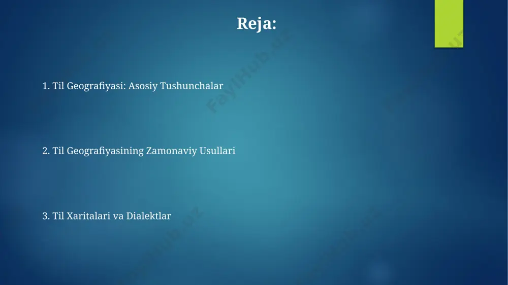n, so'rovnomalar, kuzatishlar va intervyular, til atlaslarini yaratishda muhim ahamiyatga ega bo'lib, 500 dan ortiq informatordan ma'lumot to'plash orqali tilning regional variatsiyalarini batafsil o'rganish imkonini beradi. til geografiyasi va til siyosati til geografiyasi, o'zbek tilining 14 ta shevaga bo'linishini va ularning geografik tarqalishini o'rganadi, bu esa til siyosatining mintaqaviy farqlarga ta'sirini ko'rsatadi. so'z boyligi va fonetik xususiyatlarining geografik o'zgarishi, masalan, 50% ga yaqin leksik farqlar, til siyosati orqali standartlashtirishga urinishni aks ettiradi. dialektlar va lahjalar diyalektlar va lahjalar oʻrtasidagi farqlar ularning geografik tarqalish doirasida va lingvistik xususiyatlarining murakkabligida namoyon boʻladi; masalan, diyalektlar kengroq hududni qamrab olishi va 5 dan ortiq oʻziga xos fonetik, morfologik va sintaksis xususiyatlariga ega boʻlishi mumkin. lahjalar, aksincha, odatda kichikroq geografik hududda tarqalib, 2-3 ta oʻziga xos fonetik xususiyatlar yoki leksik birliklar bilan chegaralanadi, bu esa ularni aniqlashni osonlashtiradi. isoglossalar va til chegaralari izoglossalar geografik xaritalarda tilning xususiyatlarini (masalan, fonetika, morfologiya) ajratib ko'rsatuvchi 100 dan ortiq …