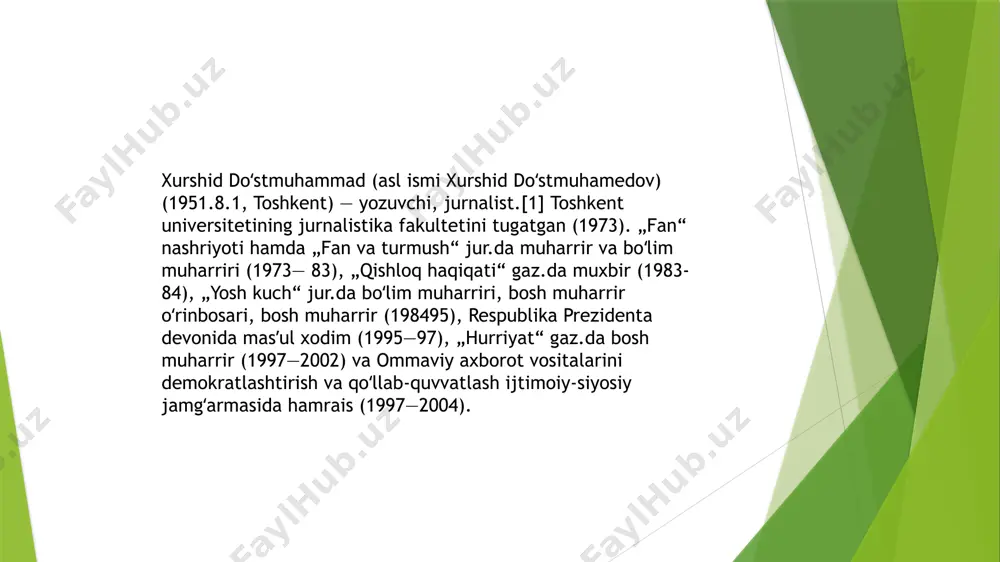 stliq. salgina xushyorlikni boy bergan odam pastlikka qarab tarvuzdek dumalab tushaveradi''. aldab-aldanib, olib-oldirib, so'kib-so'kish eshitib o'tayotgan umrlarining bir qismini yana va yana qurbon qilaverishadi. o'zlari barpo etganu, lekin kim uchun qulay erur o'zi bu bozor?! ,,odamlarning asl basharasini kunday ravshan ko'rish mumkin bo'lgan" eng qulay joyda o'z o'ljalariga o'zlari aldanib qolaveradilar. umrni keldim, ko'rdim, oldim, ketdimdan iborat nafs estafetasiga aylantirib qo'yayotganlaridan esa xabarlari yo'q! hurriyat“ mustaqil gazetasiga bosh muharrir (1997—2002). oʻzbekiston ommaviy axborot vositalarini demokratlashtirish va qoʻllab-quvvatlash ijtimoiy-siyosiy jamgʻarmasi hamrosi. (1997 yildan hozirgi kungacha). „oʻzbekiston matbuoti“ jurnali bosh muharriri (2002 yildan hozirgacha) 1980 yildan buyon matbuotda hikoya va qissalari, romani, ocherk, badia, adabiyotshunoslikka oid maqollari bilan qatnashadi. uning „hovli etagidagi uy“ qissa va hikoyalari (1989), „jajman“ qissa va hikoyalari (1995), „qazo boʻlgan namoz“ (1996), tarixiy hikoyalari,]]"hijronim mingdir mening]]"(2000) qissa va hikoyalari, „bozor“ (2000) romani, hamid aʼlamovning aytolmagan gaplari]]"(2002) xotira-badiasi chop etilgan. adib oʻz qahramonlarining ruhiy holatlarini, fikriy izlanishlarini tahlil etishga, …