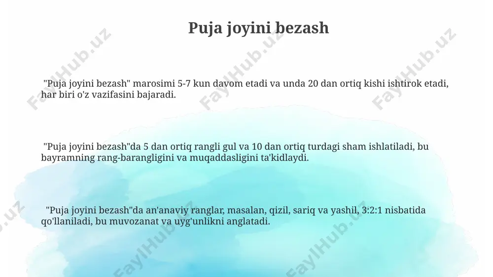 tayyorlash, shuningdek, pandalarning bezatilishiga katta e'tibor beriladi. durga puja tayyorgarligi 5-7 kun oldin boshlanadi va "bodhon" marosimi bilan, ya'ni durga ma'budasining muqaddas haykalini o'rnatish bilan boshlanadi. bu jarayon ko'plab marosimlarni o'z ichiga oladi. e'tiboringiz uchun rahmat @taqdimot_robot image1.png