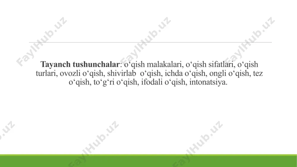 h hamda ilmiy dunyoqarashlarini shakllantirish. 4. o‘quvchilarni axloqiy, estetik jihatdan yetuk va mehnatga muhabbat ruhida tarbiyalash. 5. o‘quvchilarning bog‘lanishli nutqini va adabiy-estetik tafakkurini o‘stirish. 6. o‘quvchilarning xayolot olamini boyitish. 7. elementar adabiy tasavvurlarini shakllantirish. o‘qish malakasini egallash ancha murakkab bo‘lib, uni shakllantirish uzoq vaqtni talab etadi. ruhshunos olim t.g.yegorov o‘zining „oчepки психологии обучени детей чтению” nomli asarida o‘qish malakalarini shakllantirish jarayonini uch bosqichga ajratadi: analitik bosqich, sintetik bosqich va avtomatlashgan bosqich. analitik bosqich savod o‘rgatish davriga to‘g‘ri keladi, bunda so‘zni bo‘g‘in-harf tomonidan tahlil qilish va bo‘g‘inlab o‘qish malakasi shakllantiriladi. sintetik bosqich uchun so‘zni sidirg‘a o‘qish xarakterlidir; bunda so‘zni ko‘rish orqali idrok qilish va uning talaffuzi so‘z ma’nosini anglash bilan asosan mos keladi. o‘qish so‘z ma’nosini idrok qilish bilan amalga oshadi. o‘quvchilar sintetik,bosqichga 3-sinfda o‘tadilar. bundan keyingi yillarda o‘qish avtomatlasha boradi. o‘qish darslarida asar ustida ishlashni shunday tashkil etish kerakki, asar mazmunini tahlil qilish o‘qish malakalarini takomillashtirishga yo‘naltirilgan bo‘lsin 6 o‘qish …
