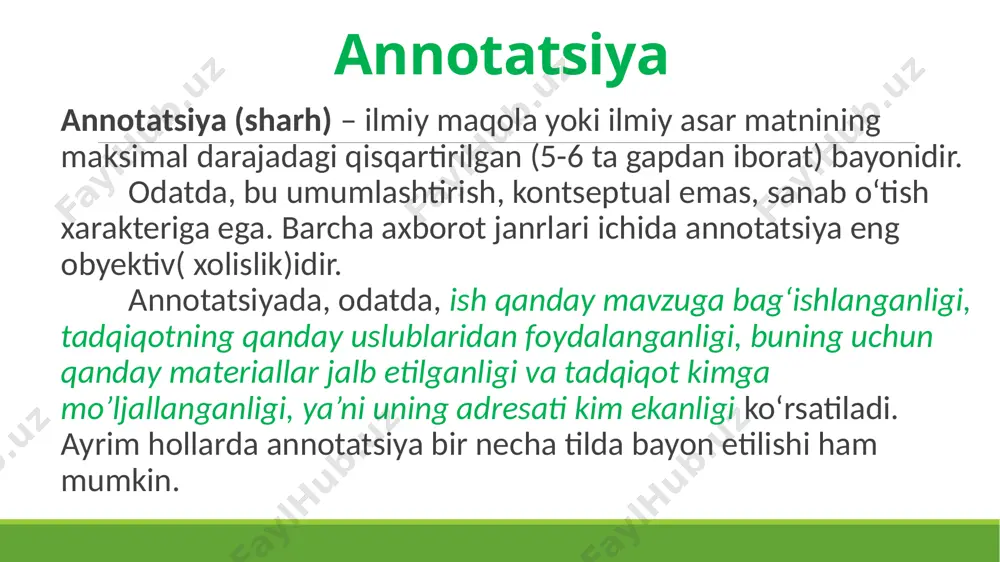 beti hisoblanadi va qat’iy qoidalarga binoan to‘ldiriladi. titul varag‘idan keyin mundarija joylashtiriladi. boblar va paragraflar nomi, shuningdek ularning izchilligi ishning matni bilan to‘liq mos kelishi shart. mualliflik huquqi mualliflik huquqi ijodiy faoliyat natijasi bo‘lmish fan, adabiyot va san’at asarlariga nisbatan, ularning maqsadi va qadr-qimmati, shuningdek ifodalanish usulidan qat’iy nazar, tatbiq etiladi. intellektual mulk obyektlari doirasi birinchi marta butunjahon intellektual mulk tashkiloti (vois)ni ta’sis etuvchi 1967-yil 14- iyuldagi konvensiyaning 2-moddasi 8-bandida berilgan. unda ko‘rsatilishicha, intellektual mulk quyidagilarga nisbatan yuzaga keladigan huquqlarni o‘zida ifodalaydi: – adabiy, badiiy va ilmiy asarlar; – artistlar, ovoz yozish, radioeshittirishlar va television ko‘rsatuvlarining ijrochilik faoliyati; – inson faoliyatining barcha sohadagi ixtirolari; – sanoat namunasi; – tovar va xizmat ko‘rsatish belgilari, firma nomi va tijorat sirlari; – ishlab chiqarish, ilmiy, adabiy va badiiy sohadagi intellektual mulkka taalluqli barcha boshqa huquqlar. mutlaq mualliflik huquqlari egasi o‘z huquqlaridan xabardor qilish uchun mualliflik huquqining muhofaza belgisidan foydalanishi mumkin bo‘lib, bu belgi …
