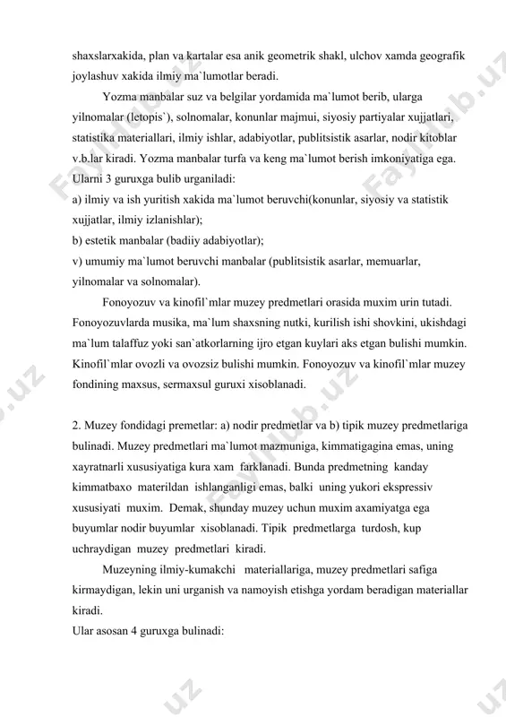ini urganishga yordam beradigan materiallar (masalan: sxemalar, matolarni tukish usullarini kursatadigan). 4. anik bir tarixiy vokeani urganishga yordam beradigan materiallar-diagramma va xaritalar, chizmalar. muzey fondlari uz navbatida kuyidagi 4 talabga javob berishi kerak: 1. muzeylar fondi uz soxasiga karab tashkillashtirilishi kerak. m: arxeologiya, etnografiya, ulkashunoslik v.b. 2. fondining shakllanishi tarix va muzeyshunoslik fanlarining yutuklariga mos bulmogi kerak. 3. fondlarni doimiy va maksadli ravishda tuldirib, boyitib borish zarur. 4. fondlar ilmiy tashkil etilishi shart. ii. muzey kollektsiyalarining kimmati uning mikdori va sifati bilan belgilanadi. bu kollektsiyalar kaysи davr, vokea, xodisa, manbaga tegishliligi; uning kurilishi, asosi, tasviriyligi, maishiy-sotsial xususiyati, davri va joyi , kimmatli berajak ma`lumotiga karab ilmiy printsip asosida guruxlanishi lozim. shungа kura muzey fondi kuyidagi turlarga bulinadi: 1. asosiy fond - tarkibiga kolletsiyaning asosini tashkil kiladigan, muzey faoliyatini tula ochib beradigan predmetlar kiradi. 2. almashtiruv fondi - unda muzey kam extiyoj sezadigan predmetlar urni egallaydi, ya`ni muzey faoliyati uchun unga …