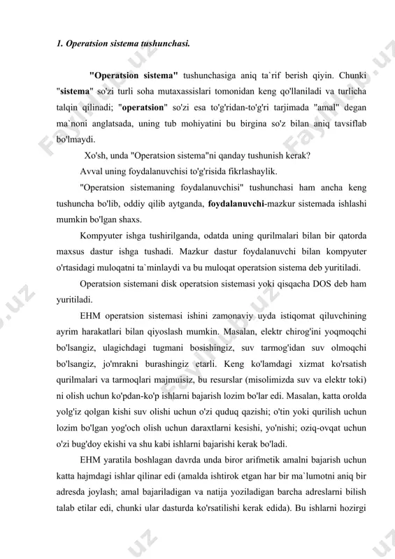lni bajarish uchun katta hajmdagi ishlar qilinar edi (amalda ishtirok etgan har bir ma`lumotni aniq bir adresda joylash; amal bajariladigan va natija yoziladigan barcha adreslarni bilish talab etilar edi, chunki ular dasturda ko'rsatilishi kerak edida). bu ishlarni hozirgi kunda osongina hal qilish mumkin, chunki ko'p ishlarni engillashtirishga qaratilgan dasturlar (foydalanuvchiga yordamchi dasturlar) majmui ishlab chiqilgan va u amaliy masalalarni hal qilishda qo'l kelmoqda. xo'sh, mazkur "yordamchi" dasturlar majmui bo'lmasa, amallar ehmda qanday bajarilgan bo'lar edi? bunday holda foydalanuvchidan katta hajmdagi ish daftari tutib, unda tanlangan axborot ehm xotirasining qaysi joyiga kiritilishi, dastur, boshlang'ich ma`lumotlar va natijaviy axborotlar qaerda joylashishini ko'rsatishi talab qilinadi. agar siz ehmning tashqi qurilmalari (klaviatura, printer, diskyurituvchi va boshqalar)ni qo'llamoqchi bo'lsangiz, har safar ana shu qurilmalar bilan aloqani tiklovchi, ularni boshqaruvchi maxsus dastur tayyorlashingiz kerak. shuningdek qurilmalar ishlashi bilan bog'liq turli ishlarni nazorat qilishingiz lozim bo'lar edi. demak, "yordamchi" dasturlarning xizmati beqiyos ekan. ta`kidlash lozimki, kompyuterlarning texnikaviy …