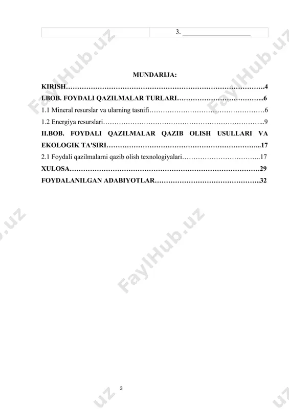 esurslardan ehtiyotkorona foydalanish muhimligini ko'rsatadi. kurs ishi obyekti. foydali qazilmalar va ularning turli sohalarda foydalanish imkoniyatlari. kurs ishi predmeti. foydali qazilmalar turlari, ularning qazib olish texnologiyalari, va bu jarayonda yuzaga keladigan ekologik, iqtisodiy va ijtimoiy masalalar. kurs ishining vazifalari: foydali qazilmalar turlari va ulardan foydalanish metodlarini o'rganish. foydali qazilmalarni qazib olish jarayonini tahlil qilish. ekologik xavflar va foydalanuvchi mamlakatlar uchun ijtimoiy ahamiyatini baholash. kurs ishining amaliy ahamiyati. bu ish, foydali qazilmalarni samarali va ekologik xavfsiz tarzda foydalanish masalalariga yangi yondashuvlarni taqdim etadi. bundan tashqari, bu mavzu iqtisodiy rivojlanishning barqarorligini ta'minlashda muhim o'rin tutadi. kurs ishining tuzilishi. kurs ishining birinchi bobida foydali qazilmalar haqida umumiy ma'lumotlar va turlari keltirilgan bo'lsa, ikkinchi bobda ularning qazib olish usullari va ekologik ta'sirlari haqida batafsil tahlil qilinadi. i.bob. foydali qazilmalar turlari 1.1 mineral resurslar va ularning tasnifi mineral resurslar - bu yer qobig'ida tabiiy ravishda hosil bo'lgan va inson tomonidan turli ehtiyojlar uchun ishlatiladigan moddalar …