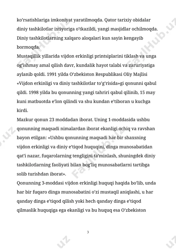miy hujjatlarda fuqaroning dinga munosabati ko’rsatilishiga yo’l qo’yilmasligi ta’kidlanadi. vijdon erkinligi haqidagi qonunning 5-moddasida o’zbekiston respublikasida din va diniy tashkilotlar davlatdan ajratilganligi ko’rsatilgan. bu degani davlat diniy masalalar bilan shug’ullanmaydi, diniy tashkilot va diniy boshqarma ishlariga aralashmaydi. din va diniy tashkilotlar ham davlat ishlariga aralashmasligi lozim. lekin diniy tashkilotlar jamoat ishlarida ishtirok etish huquqiga egalar. shuningdek, mazkur moddada davlat turli diniy konfessiyalar o’rtasidagi tinchlik va totuvlikni qo’llab-quvvatlashi, konfessiyalar o’rtasida adovatni avj oldirishga, xususan, bir diniy konfessiyadagi dindorni boshqasiga kiritishga qaratilgan xatti-harakatlarga, missionerlikka yo’l qo’ymasligi ta’kidlangan. diniy tashkilotlarga o’zbekiston respublikasida diniy xarakterga ega bo’lgan partiyalar tuzish, respublikadan tashqaridagi diniy partiyalarning bo’lim yoki filiallarini ochish man etiladi. dindan davlatga va konstitutsiyaga qarshi targ’ibot olib borishda, dushmanlik, nafrat, millatlararo adovat uyg’otish, axloqiy negizlarni va fuqaroviy totuvlikni buzishda, bo’hton, vaziyatni beqarorlashtiruvchi uydirmalar tarqatishda, aholi o’rtasida vahima chiqarishda hamda davlatga, jamiyat va shaxsga qarshi qaratilgan boshqa xatti-harakatlarda foydalanishga yo’l qo’yilmaydi. terrorizm, narkobiznes va uyushgan jinoyatchilikka …