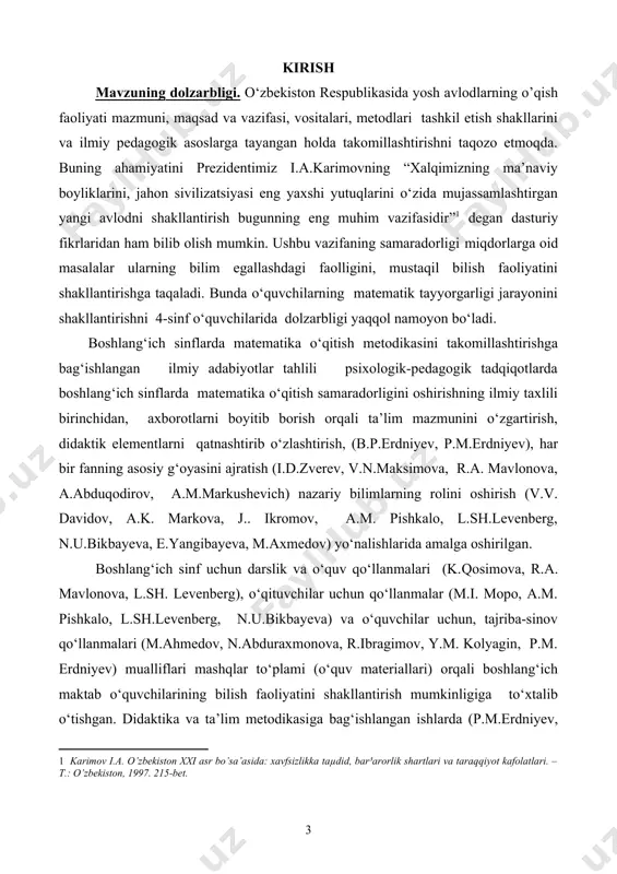asidan olgan bilim, ko’nikma, malakalarini aniqlash. 3) iv sinfda o`lchovlarni o’rganish va o`lchov malakalarini shakllantirishning yangi pedagogik texnologiyalardan foydalanish usullarini joriy qilish. kurs ishining metodlari: tadqiqot muammosiga oid pedagogik- psixologik va metodik adabiyotlar mazmunini o’rganish, nazariy jihatdan tahlil qilish, boshlang’ich sinflarda matematika o’qitishda zamonaviy texnologiyalarni qo’llash holatini o’rganish, pedagogik kuzatuv, suhbat, pedagogik tajriba va h.k. kurs ishining ilmiy yangiligi quyidagilardan iborat: · 4 sinfda miqdorlarni o’qitish dars ishlanmalarini ishlab chiqildi. · 4 sinflarda miqdorlarni o’qitish metodikasi о‘rganish bilimlarni о‘zlashtirish darajasini belgilovchi mezon ishlab chiqildi. kurs ishining nazariy ahamiyati: · 4 sinflarda miqdorlarni o’qitish metodikasi о‘rganish bilan bog‘lab о‘qitish asosida tarbiyalashga yangicha yondashuv aniqlandi; · 4 sinflarda miqdorlarni o’qitish metodikasi о‘rganish va bilimini mustahkamlashga doir tadbirlar mazmuni ishlab chiqiladi. tadqiqotning metodologik asoslari -- о‘zbekiston respublikasi oliy majlisining milliy mafkurani mustahkamlash tо‘g‘risidagi qaror va kо‘rsatmalari, о‘zbekiston respublikasining “ta’lim tо‘g‘risida”gi qonuni, “ kadrlar tayyorlash milliy dasturi” va i. a. karimov asarlari va boshqa …