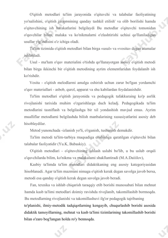 vojlanib, takomillashib bormoqda. bu metodlarning rivojlanishi va takomillashuvi ilg'or pedagogik tajribaning to'planishi, ilmiy-metodik tadqiqotlarning kengayib, chuqurlashib borishi asosida didaktik tamoyillarning, mehnat va kasb ta'limi tizimlarining takomillashib borishi bilan o'zaro bog'langan holda ro'y bennoqda. ishlab chiqarish ta'limi jarayonining eng muhim jihatlaridan biri, ta'lim metodlaridir. ishlab chiqarish ta'limi metodlari deganda, ustoz bilan o'quvchilaraing birgalikda tashkil qilingan faoliyatining shunday usullari tushuniladiki, ular yordamida o'quvchilar amaliy bilinilarni, ko'nikma va malakalarini egallaydilar, ulaming kasbiy mahorati, melmatga munosabati asoslari shakllantiriladi, aqliy hamda jismoniy kuchlar, ijodiy qobiliyatlari rivojlantiriladi. ishlab chiqarish ta'limi jarayonida quyidagi metodlardan foydalaniladi. ular bilim va ko'nikma manbalari jihatidan: nutqiy (tushuntirish, suhbat, yozma yo'riqnoma va hokazolar); ko'rgazmali (mehnat usullari va harakatlarini ko'rsatish, ko'rgazmali qurollarni namoyish qilish, ekran vositalaridan foydalanish, o'quvchilarning kuzatishlari va hokazo); amaliy (mashqlar, laboratoriya-amaliy ishlar); ishlab chiqarish-texnika vazifalarini hal etish; bilimlar, mehnat ko'nikmalarini va malakalarini tekshirish; tadqiqot metodlari va faol izlash usullarga bo'linadi. nutq metodlaridan odatda, kirish instruktaji o'tkazilayotganida, shuningdek, talabalar ish jarayonida …