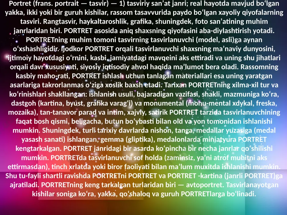 ortretning noyob namunalari (hay-kaltaroshlikda — exnaton, nefertiti va b. haykallar) yaratiladi. yunonistonda shoir, faylasuf va davlat ar-boblarining umumlashma, ideallashtirilgan haykal portretlari ishlandi (haykaltarosh alopekli demetriy, lisipp va b.), ellinizm davrida dramatik obrazlar yaratishga intilish kuchaydi. antik davr xaykaltaroshlik portreti qad. rim sanʼatida yuksak choʻqqisiga koʻtarildi, aniq shaxsga eʼtibor oshdi. portretda shaxsning individual fazilatlarini aniq koʻrsatish, ruhiy kechinmalarini ochish jarayoni sezilarli oʻrin egalladi, qaykal va byustlar bilan bir katorda tanga va medallar, gemmalarga portret, shuningdek, rangtasvir portret ishlash keng tarqaldi. dastgoh portretining rangtasvir namunalari boʻlgan fayyum portretlari (misr, 1—4-a.lar) ham antik sanʼat anʼanalari taʼsirida rivojlandi. uygʻonish davrida portretning rangtasvir, haykaltaroshlik va grafika turlari yuksak taraqqiy etdi. faol, oʻz qadr-qimmatini biladigan qoʻrqmas, jasur inson qiyofasi bu davrning bosh qahramoniga aylandi. borliqni ilmiy asosda oʻrganish va shu bilimlarni amaliyotda qoʻllashga intilishlar portretning yangi tizimini yuzaga keltirdi. endilikda tasvirlanuvchi noreal makon va muhitda emas, balki insonga yaqin boʻlgan tabiat qoʻynida aks ettirildi. yuksak uygʻonish …