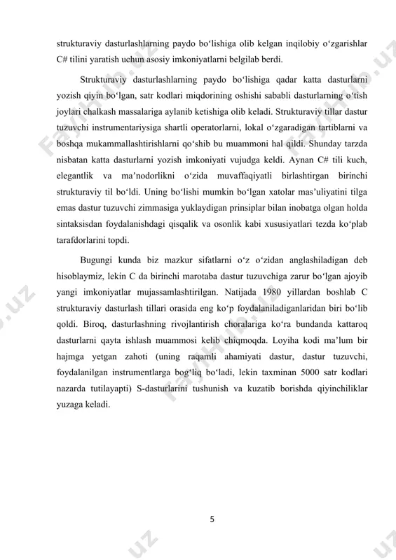 ng yaratilishini oldini oladi. misol: using system; class complex { private complex(int i, int j) { console.writeline("constructor 2 ta integer argumentlari bilan"); } public complex() { console.writeline("constructorning argumenti yo'q"); } } class myclient { public static void main() { complex c3 = new complex(); console.readkey(true); } } 5. static konstruktor- constructorni faqat bir marta chaqirish kerak bo'lganda va qachon birinchi moslamani yaratishda ushbu constructorni chaqirish kerak bo'lsa, keyin bu constructorlar static holga keltiriladi va statik constructorlar deyiladi. hozirgacha tushuntirgan oddiy constructorlardan statik va statik bo'lmagan a'zolarni boshlash uchun foydalanish mumkin. ammo c # statik constructor deb nomlanadigan maxsus constructor turini taqdim etadi, chunki sinf dastlab yuklanganda statik ma'lumotlar a'zolarini ishga tushiradi. shuni esda tutingki, boshqa statik a'zolar funktsiyalari singari, statik constructorlar statik bo'lmagan ma'lumotlarga to'g'ridan-to'g'ri kira olmaydi. statik constructorning nomi sinf nomi bo'lishi kerak va hatto ularda return turi yo'q. keyword static so'z statik constructorni oddiy constructorlardan farqlash uchun ishlatiladi. …