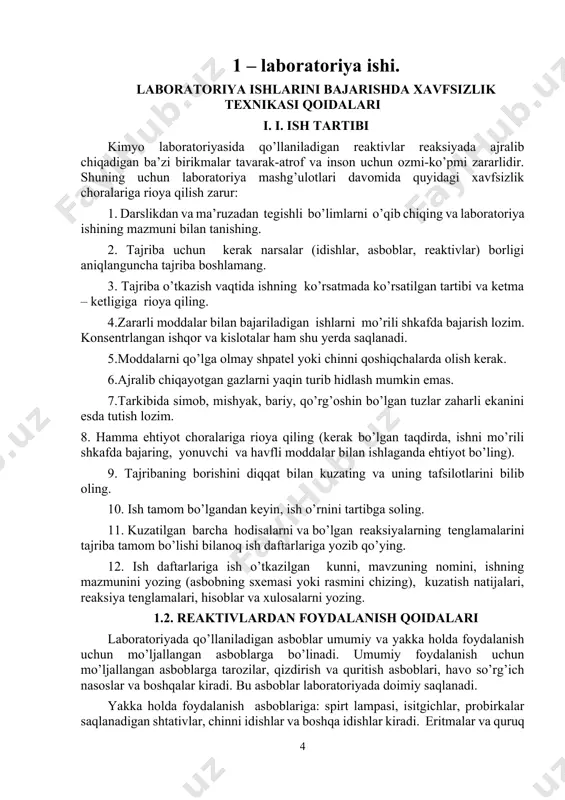 eraklisi olingandan so’ng, o’sha zahotiyoq, banka yoki sklyankaning probirkasini tiqib, joyiga qo’ying. 4. quruq reaktivlarni muguz, chinni yoki metall qoshiqchalar yohud shpatellar bilan oling. ular hamma vaqt toza va quruq bo’lishi kerak; ishlatib bo’lgandan so’ng ularni filtr qog’oz bilan yaxshilab arting. 5. reaktivni pipetka bilan olsangiz, pipetkani yuvmay turib, unda boshqa sklyankadan reaktiv olmang. 1.3. laboratoriyada ishlash vaqtida rioya qilinishi kerak bo’lgan ehtiyot choralari 1. zaharli va badbo’y moddalar bilan qilinadigan tajribalarni mo’rili shkafda bajaring. 2. ajralib chiqadigan gazni yaqin turib hidlamang. gazni hidlash zarur bo’lsa, ehtiyot bo’lib, havoni qo’lingiz bilan idish og’zidan o’zingiz tomon yelpitib hidlang. 3. kuchli kislotalarni, ayniqsa, sulfat kislotani suyultirishda suvni kislotaga quymang, kislotani suvga jildiratib quying. 4. reaktivlarni quyishda ularni yuzingizga yoki kiyimingizga sachratmasligi uchun hech vaqt idishning tepasiga engashmang. 5. suyuqlik qizdirilayotgan idish ustiga engashib qaramang, chunki suyuqlik ba‘zan sachrab chiqishi ham mumkin. 6. probirkaga biror narsa solib qizdirayotganingizda uning og’zini o’zingizga yoki yoningizda …