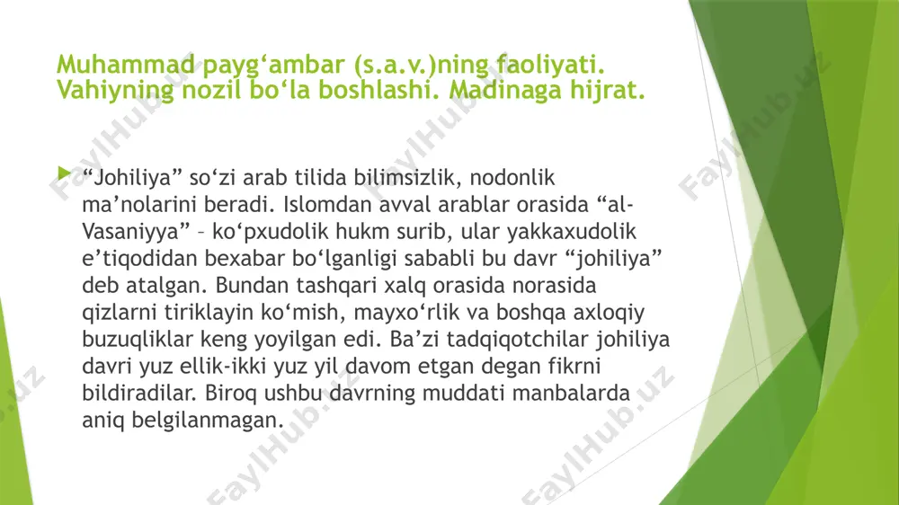 qanday qurol bilan kelmaydilar. shartnomaga musulmonlar jamoasi tarafidan muhammad payg‘ambardan so‘ng abu bakr siddiq, umar ibn xattob, abdurrahmon ibn avf, abdulloh ibn suhayl, sa’d ibn abil vaqqos, muhammad ibn maslama imzo chekdilar. qurayshiylar tarafidan suhayl ibn amr, miqroz ibn hafs, xuvaylid ibn abdul uzzo imzo chekdilar. hijratning sakkizinchi yili makka fath etildi. havozin, saqif qabilalari bilan hunayn janggi bo‘ldi. mushriklarning lot, manot, uzzo nomli butlari yo‘q qilindi. 632 yili payg‘ambar (s.a.v.) hajga borishga qaror qildilar. bu oxirgi haj bo‘lgani tufayli islom tarixida “hajjatul vido” (“vidolashuv haji”) deb nomlandi. bu safarga 90 ming musulmon otlandi. zul-hijja oyining to‘qqizinchi kuni arafot tog‘ida payg‘ambar (s.a.v.) tomonidan islom dinining asosiy shartlarini bayon etgan “vidolashuv xutbasi” o‘qildi. shundan so‘ng, deyarli barcha arab qabilalari islomni tan olib, elchi va maktublar yo‘llay boshladilar. hajdan madinaga qaytgan payg‘ambar (s.a.v.) biroz muddatdan so‘ng kasallikka chalinib, hijratning o‘n birinchi yili – 632 yil 9 iyunda (11 hijriy yil, 12 rabiu-l-avval …