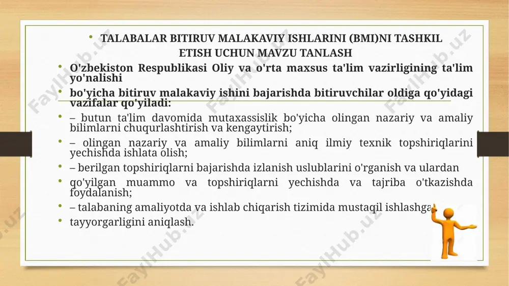 eltirilgan bo'lsa, uni matnda keltirib o’tish shart emas. har bir jadval o’zining nomi, nomeriga ega bo'lishi kerak. matnlar jadvallarda juda qisqacha keltiriladi. 7. xulosa – material oxirida, takrorlanmasdan, qisqacha yangilikka urg’u berilishi kerak. 8. ishning oxirida qo'llanilgan, ishlatilgan adabiyotlar manbai ro'yxati keltiriladi. bitiruv malakaviy ishning tarkibiy tuzilishi: zar varag'i (titul varag'i); mundarija; kirish; asosiy qism (mavzuning batafsil bayoni); xulosa; foydalanilgan adabiyotlar va manbalar ro'yxati; bitiruv malakaviy ish bilan bog'liq ilovalar. zar varag'i (titul varag'i): bitiruv malakaviy ishning birinchi sahifasi bo'lib, oliy ta'lim muassasalari tomonidan o'rnatilgan tartibga muvofiq rasmiylashtiriladi. zar varaqdan keyin mundarija keladi. mundarija: bu qismda bitiruv malakaviy ishning boblari, paragraflari va bandlari keltiriladi. bitiruv malakaviy ishning boblari, paragraflari va bandlarining nomlari qisqartirilmaydi va asosiy matn sarlavhasiga muvofiq tarzda berilishi zarur. mundarijadan keyin ishning kirish qismi keladi. kirish qismida quyidagilar keltirilishi shart: – bitiruv malakaviy ish mavzusining dolzarbligi va ahamiyati; – mavzuning oldiga qo'ygan maqsadiva undan kelib chiqadigan vazifalar; - …