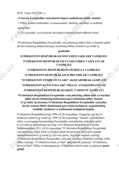 favqulodda vaziyatlarda fuqaro muhofazasi tibbiy хizmati — DOCX