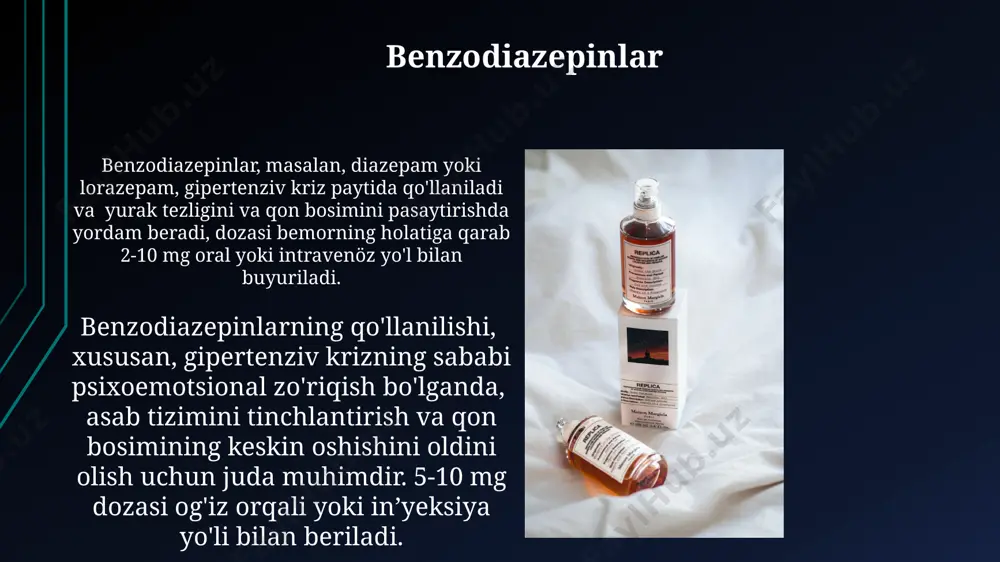 buyrak kasalliklari (taxminan 25%), feoxromotsitoma (adrenalin ishlab chiqaradigan o'sma), homiladorlik toksikozi va ba'zi dori vositalarining yon ta'siri kabi omillar mavjud. gipertenziv kriz 180/120 mm hg dan yuqori bo'lgan qon bosimining tez va xavfli ko'tarilishi bo'lib, miya qon tomirlari, yurak yetishmovchiligi va buyrak shikastlanishi kabi jiddiy asoratlarga olib kelishi mumkin. diazoxid diazoxid, og'iz orqali yoki tomir ichiga yuborish yo'li bilan qo'llaniladigan kuchli periferik vazodilatator bo'lib, diastolik qon bosimini 10-20 mm sim. ust. ga tez tushirishga yordam beradi. diazoxidning dozasi, bemorning yoshi, og'irligi va klinik holatiga bog'liq bo'lib, odatda 300-600 mg gacha intravenoz yuboriladi, ammo bunday yuqori dozalarda ehtiyotkorlik bilan qo'llanilishi kerak. kaltsiy kanal blokerlari dihidropiridin turkumiga mansub kaltsiy kanal blokerlari periferik qon tomirlarini kengaytirib, qon bosimini pasaytiradi, bu esa yurak urishi tezligini biroz oshirishi mumkin; taxminan 10-20% hollarda. kaltsiy kanal blokerlarining tez ta'sir etuvchi preparatlari og'ir gipertenziv krizlarda intravenoz yuborilishi mumkin, ammo bu faqat shifoxona sharoitida malakali tibbiy xodimlar nazorati ostida …
