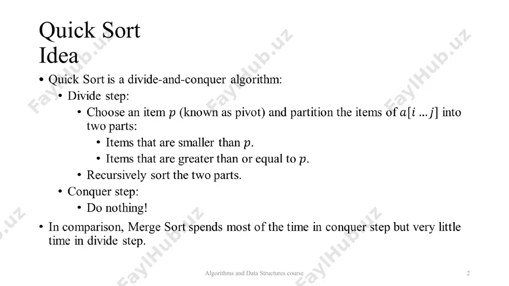 ms and data structures course 16 27 12 38 39 27 16 pivot s2 s1 unknown quick sort partition example algorithms and data structures course 17 27 12 16 39 27 38 pivot s2 s1 quick sort partition example algorithms and data structures course 18 16 12 27 39 27 38 pivot s2 s1 quick sort partition example algorithms and data structures course 19 quick sort implementation algorithms and data structures course 20 quick sort partition implementation algorithms and data structures course 21 quick sort partition analysis algorithms and data structures course 22 when the array is already in ascending order s1 is empty, while s2 contains every item except the pivot 5 18 23 39 44 57 p = a[i] s1 = a[i+1...m] empty when m = i s2 = a[m+1...j] quick sort worst case analysis algorithms and data structures course 23 n 1 n-1 n-2 1 1 1 …