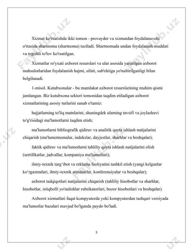 'lgan turlaridan kelib chiqqan holda, axborot xizmatlarining tasnifi rasmda keltirilgan. 1.1. axborot nashrlarini chiqarish deganda bosma mahsulotlarni tayyorlash tushuniladi: bibliografik va boshqa ko'rsatkichlar; mavhum to'plamlar; nashrlarni ko'rib chiqish; ma'lumotnoma nashrlari. axborot nashrlari deyarli barcha turdagi axborot xizmatlari, organlari va tizimlari tomonidan tayyorlanadi. ushbu nashrlarda ma'lumotlar bazalari bilan ishlash asosida yaratilgan ikkilamchi ma'lumotlar mavjud bo'lib, ular bilan ishlash ham xizmatdir. 2.1 axborot mahsulotlari va xizmatlari tushunchasi retrospektiv ma'lumotlarni qidirish - bu foydalanuvchining iltimosiga binoan ma'lumotlar bazasida ma'lumotni maqsadli qidirish va natijalarni bosma nashrlar shaklida pochta orqali yoki fayl shaklida elektron pochta orqali yuborish. birlamchi manbalar bilan ta'minlash kutubxona xizmatlarining an'anaviy xizmati hisoblanadi. ushbu xizmat nafaqat birlamchi manbalarni, balki turli xil ish printsiplari qurilmalari yordamida olingan ularning nusxalarini ham taqdim etadi. guruch. 1.1. axborot xizmatlarining asosiy turlari an'anaviy ilmiy-texnik axborot xizmatlari oldindan buyurtma asosida taqdim etiladi va quyidagilarni o'z ichiga oladi: qo'lyozmalar shaklida taqrizlarni tayyorlash; matnlarning tarjimalarini tayyorlash. masofaviy ma'lumotlar bazalariga masofadan …