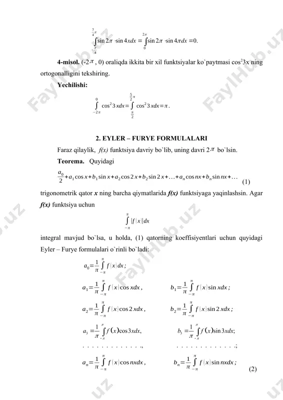 (x)=׀x׀ funktsiya juft. u holda, uning furye qatorida sinuslar ishtirok etmaydi. a0 koeffisiyent quyidagiga teng bo`ladi: (7) n≠0 bo`lganda an koeffisiyent quyidagidan iborat bo`ladi: (8) ya`ni (bunda k=1,2,3,…). (9) funktsiya uchun furye qatori quyidagidan iborat: (10) oleobject3.bin image44.wmf oleobject53.bin image45.wmf oleobject54.bin image46.wmf oleobject55.bin image47.wmf oleobject56.bin image48.wmf oleobject57.bin image4.wmf image49.wmf oleobject58.bin image50.wmf oleobject59.bin image51.wmf oleobject60.bin image52.wmf oleobject61.bin image53.wmf oleobject62.bin oleobject4.bin image54.wmf oleobject63.bin image55.wmf oleobject64.bin image56.wmf oleobject65.bin image57.wmf oleobject66.bin image58.wmf oleobject67.bin image5.wmf image59.wmf oleobject68.bin image60.wmf oleobject69.bin image61.wmf oleobject70.bin image62.wmf oleobject71.bin image63.wmf oleobject72.bin oleobject5.bin image64.wmf oleobject73.bin image65.wmf oleobject74.bin image66.wmf oleobject75.bin image67.wmf oleobject76.bin image68.wmf oleobject77.bin image6.wmf oleobject78.bin image69.wmf oleobject79.bin image70.wmf oleobject80.bin image71.wmf oleobject81.bin image72.wmf oleobject82.bin image73.wmf oleobject6.bin oleobject83.bin image74.wmf oleobject84.bin image75.wmf oleobject85.bin oleobject86.bin image76.wmf oleobject87.bin image77.wmf oleobject88.bin image7.wmf image78.wmf oleobject89.bin image79.wmf oleobject90.bin image80.wmf oleobject91.bin image81.wmf oleobject92.bin image82.wmf oleobject93.bin oleobject7.bin image83.wmf oleobject94.bin image84.wmf oleobject95.bin image85.wmf oleobject96.bin image86.wmf oleobject97.bin image87.wmf oleobject98.bin image8.wmf image88.wmf oleobject99.bin image89.wmf oleobject100.bin oleobject8.bin image9.wmf oleobject9.bin image10.wmf oleobject10.bin image11.wmf oleobject11.bin image12.wmf oleobject12.bin image13.wmf …