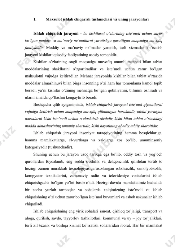 (sanoat, qishloq xo’jaligi, qurilish va boshqalar) zaruriy moddiy ne’matlar yaratiladi, xizmat ko’rsatish sohalarida esa turli xil ma’naviy ne’matlar yaratiladi va xizmatlar ko’rsatiladi. bu ikki soha bir-biri bilan chambarchas bog’langan holda rivojlanadi va bir-biriga ta’sir ko’rsatadi. respublika milliy iqtisodiyotida tovarlar ishlab chiqarish va xizmat ko’rsatish sohalarining yaimdagi mutloq miqdori va nisbiy ulushi quyidagi ma’lumotlar bilan tavsiflanadi (1-jadval). 1-jadval respublika yaimda tovarlar va xizmatlar ulushi (joriy narxlarda)* ko’rsatkichlar 2005 yil 2006 yil mlrd. so’m % mlrd. so’m % yalpi ichki mahsulot 15923,4 100,0 20759,3 100,0 shu jumladan: ishlab chiqarilgan tovarlar qiymati 8361,6 52,4 10660,4 51,3 ko’rsatilgan xizmatlar qiymati 5871,7 37,0 8197,7 39,5 sof soliqlar 1690,1 10,6 1901,2 9,2 * manba: o’zbekiston respublikasi dsq: yillik statistik to’plam, 2007. -33s. moddiy ishlab chiqarish sohasi o’z navbatida ikki bo’linmadan — birinchi va ikkinchi bo’linmalardan iborat bo’ladi. birinchi bo’linmada ishlab chiqarish va xizmat ko’rsatish korxona va tashkilotlarining ishlab chiqarish iste’moli uchun zarur bo’lgan vositalar — stanok, …