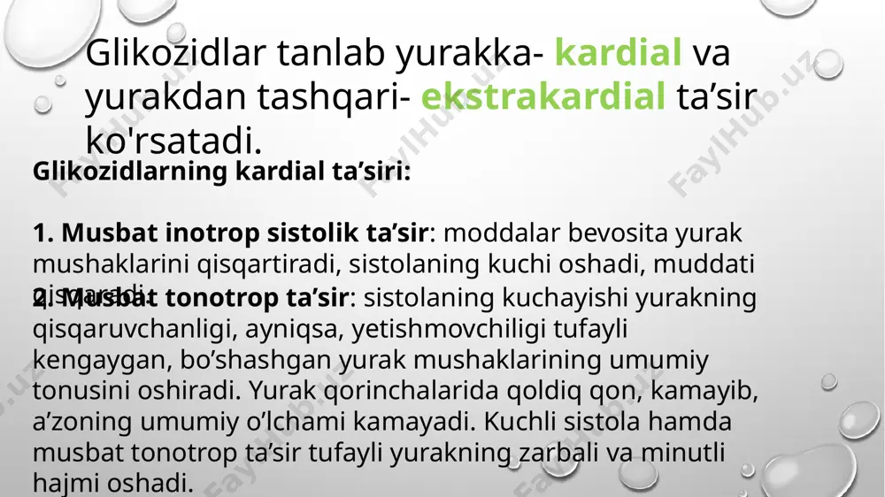 hi mumkin. ekstrakardial belgilar: ishtaha pasayadi, dispeptik holatlar yuz beradi ko’ngil aynaydi, qusish, ich ketish hollari, qorinda og’riq paydo bo’ladi. shuningdek, bemor bo’shashadi, boshi og’riydi, boshi aylanadi, uyqu qochadi, koʻzi xira tortib, hatto ruhiy o’zgarishlar- gallyutsinatsiyalar paydo bo’ladi. o’tkir zaharlanishni davolashda bemorga kaliy xlorid, panangin, kaliy orotat yuboriladi, chunki glikozidlarning zaharli dozalari miokardda kaliy miqdorini kamaytirib yuboradi. rp.: sol. strophantin k 0.25 mg/ml-1ml. d.t.d.n 10 in ampull. s. 1 ampuladan kuniga 1 marta, tomir ichiga sekin, 10-20 ml 20% glyukoza eritmasida oldindan suyultiriladi. rp.: tab. digitoxini 0.0001 n 10 d.s. bir kunda 1-2marta ovqatdan oldin ichilsin. e'tiboringiz uchun rahmat image2.png image4.jpeg image3.png image5.jpeg image6.jpeg image7.jpeg image8.jpeg image9.jpeg image10.jpeg image1.png /docprops/thumbnail.jpeg