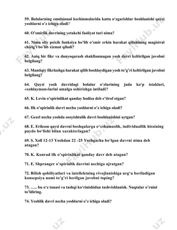 g. 88. v. shevchuk ijtimoiy faoliyatga kirishishning eng yuqori cho‘qqisini necha yosh deb belgilagan? 89. "optimizm etyudlari" kitobi muallifini toping. 90. yu. n. kulyutkin necha yoshlilarda diqqat 102,8, xotira 99,5, tafakkur 102,3 birlikka baravar ekanligini aniqlagan? 91. eshitish qobiliyatining eng yuqori darajasi necha yoshlarga to’g’ri keladi? 92. "katta kishilar aqlini o‘lchash va baholash" nomli kitob muallifini toping. 93. b. a. grekov necha yoshda keksalarda mexanik xotira zaiflashishini aytib o’tgan? 94. "keksayish" monografiyasi muallifini toping. 95. j. godfrua tomonidan ijtimoiy ustanovkalarni shakllantirish nechta bosqichdan iborat? 96. ko‘rsatilgan guruhlardan qaysi biri kichik guruhga kirmaydi? 97. konformizm ma’nosi nima? 98. ………...bu individning ijtimoiy muxitga qushilishi, ijtimoiy ta’sirlarni uziga singdirishi va aktiv ravishda muloqot sistemasiga kirib borishi jarayonidir. nuqtalar o’rniga mos keluvchi so’zni toping? 99. guruh nechi qatlamdan iborat? 100. ijtimoiy status-bu......................... 101. shaxsning shakllanishi asosan qanday soxalarda amalga oshiriladi? 102. ijtimoiy ustanovka-..........................................................? 103. ……….bu nutqning atrofidagi nutqni bezovchi, uni kuchaytiruvchi yoki susaytiruvchi omillar. …