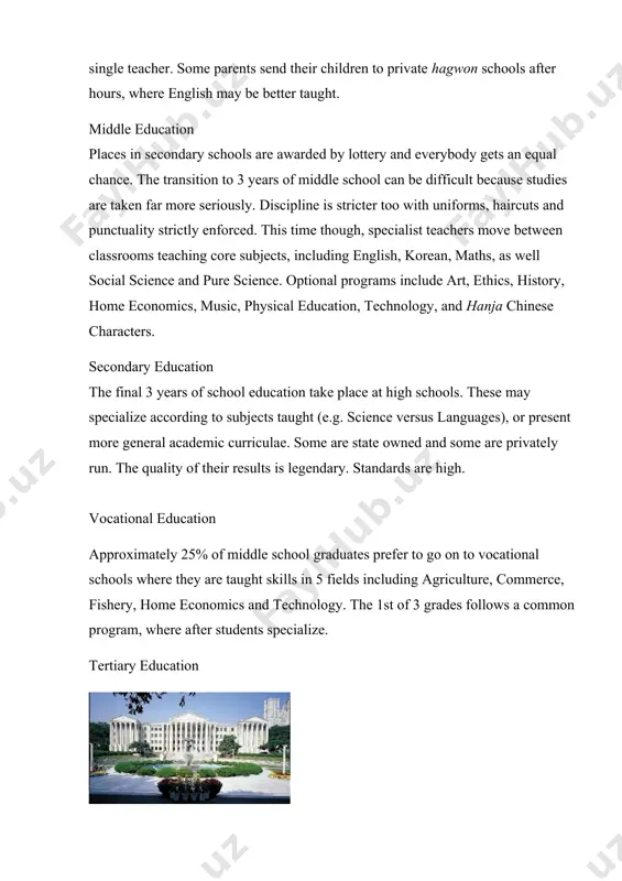 meets top international standards, and of which he or she may be justifiably proud. korea - living proof of the power of a knowledge-based economy. 백제의 교육 삼국사기 등에 나타난 기록을 통해 오경 박사 제도가 있었던 것을 알 수 있다. 다만 그 교육기관의 이름이 전하지 않는데, 오경 박사 제도가 한(漢)나라에서 비롯된 것을 고려하면 백제의 교육기관도 한나라와 마찬가지로 태학(太學)이라고 불렸을 가능성이 높다. 박사로는 고흥, 아직기, 왕인 등이 유명하다. 신라의 교육 640년(선덕여왕 9년) 당나라에 유학생을 파견했다는 기록이 있다. 화랑도를 통해 무술을 연마하고 정서를 함양하며 호연지기를 기르도록 하였다. 신라 화랑복 삼국통일이후, 682년(신문왕 2년)에는 관리를 양성하는 위해 국학이 설립되었다. 국학은 유학 이념을 연구하는 기관이며, 이후 도입된 독서삼품과를 통해 문관을 등용하였다. 독서삼품과를 과거제도의 효시라고 본다. 고려시대의 교육 관학으로는 국자감, 향교, 학당이 있었다. 지방의 선비들이 사설 교육기관으로 사학을 설립하기도 했다. 최충의 구재 학당이 유명하였다. 조선의 교육기관은 중앙과 지방으로 나누어 볼 수 있다. 중앙에는 최고 학부인 성균관과, 중등교육기관에 해당하는 4학(四學)이 존재했다(→학당). 성균관의 입학자격은 소과인 생진과에 합격한 것을 …