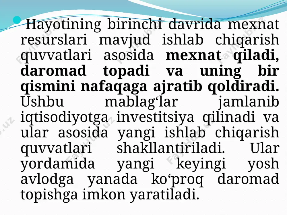 lanadi. jamg‘armalar va investitsiyalar o'rtasidagi farqning kattaligi jamg‘armalarning kapitallashuvini ta’minlash mexanizmining yetarlicha taraqqiy etmaganligi bois, bugungi kunda investitsiyalash uchun foydalanilmayotgan resurslarning yetarlicha ekanligini ko‘rsatib beradi. mamlakatimizda uy xo‘jaliklarining jamg‘armalaridan investitsion jarayonlarda foydalanish darajasi hamon pastligicha qolmoqda. aholi daromadlarining kapitallashuvi, shaxsiy jamg‘armalaming investitsiyalarga aylanishi ma’lum darajada kapital chegaralarini kengaytiradi, deyarli har bir uy xo‘jaligi a’zosini bir paytning o‘zida ham ishlab chiqaruvchi va investorga aylantirib qo‘yadi. shu sababli ham, ko‘pchilik mamlakatlarda aholi omonatlarini himoyalash davlatning muhim funksiyalaridan biri hisoblanadi. aholi jamg‘armalari kapitallasha borib, investitsion resurslarning muhim manbalaridan biriga aylanadi. zero, jamg‘armalar hajmi qanchalik katta bo‘lsa va faol tarzda kapitallasha borsa, investitsiyalash natijasiga bogiiq ravishda shaxsiy daromadlarning shakllanishi ham shuncha katta ijobiy o‘zgarishga ega bo`ladi uy xo‘jaliklarining moliyaviy resurslaridan samarali foydalanish uchun aholining jamg‘arish borasidagi faolligini oshirish talab etiladi. bu esa o‘z navbatida xususiy manbalar va mablag‘lar hisobiga investitsion resurslarni shakllantirish; inflyatsion jarayonlarni jilovlagan holda yaxlit tarzda pul muomalasi va pul-kredit tizimini barqa …