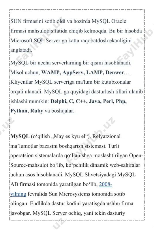 mysql serveriga ma'lum bir kutubxonalar orqali ulanadi. mysql ga quyidagi dasturlash tillari ulanib ishlashi mumkin: delphi, c, c++, java, perl, php, python, ruby va boshqalar. mysql bu — krossplatformali dastur hisoblanadi, ya'ni bir xil tipga ega bo'lgan(ishlash texnologiyasi bir xil), lekin o'rnatiluvchi fayllari biroz boshqachadir. hozirda mysql oracle firmasi tomonidan ishlab chiqarilmoqda, oldin sun firmasiga tegishli bo'lgan. shuning uchun mysql 4 talqini mysql 5 talqinidan farq qiladi. hozirda(maqola yozilishida) eng so'ngi talqini 5.6.14 dir. keling enda,talqinlar nimani anglatishini bilib olamiz. har bir dastur, ma'lum bir sonlar asosida talqinlarga ajratiladi. dastur ismi o'zgarmaydi, faqat sonlar o'zgarib, dasturning yangi yoki eskiligini ajratib turadi. yangi yoki eskiligi, dasturning darajasini belgilaydi, ya'ni yangi dastur eskisiga qaraganda yangi qirralari mavjudligini anglatadi. mysql dasturi ham hamma dasturlar kabi o'z talqiniga ega(5.6.14). demak birinchi raqam asosiy raqam deyiladi. bizning holatda bu 5 raqami. bu raqam kamdan kam o'zgaradi, faqatgina dasturning asosi o'zgarsa o'zgaradi. keyingi raqam 6, bu …