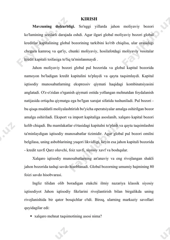 y hajmining 80 foizi savdo hisobvarasi. ingliz tilidan olib boradigan etakchi ilmiy nazariya klassik siyosiy iqtisodiyot jahon iqtisodiy fikrlarini rivojlantirish bilan birgalikda uning rivojlanishida bir qator bosqichlar o'tdi. biroq, ularning markaziy savollari quyidagilar edi: · xalqaro mehnat taqsimotining asosi nima? · shaxsiy mamlakatlar va mintaqalar uchun qanday xalqaro ixtisoslik eng samarali va ularni eng katta foyda keltiradi? · qaysi omillar mamlakatning jahon bozorida raqobatbardoshligi bilan oldindan belgilab qo'yiladimi? har qanday mamlakat uchun tashqi savdo aylanmasining o'rni engish qiyin. j. sax ta'rifiga ko'ra, "dunyoning har qanday mamlakatining iqtisodiy yutug'i tashqi savdoga asoslangan. yana bir mamlakat global iqtisodiy tizimdan ajratilgan sog'lom iqtisodiyotni yarata olmadi. [footnoteref:1] [1: "sax j. bozor iqtisodiyoti va rossiya. m .: iqtisodiyot, 1994 yil. 3-bet ..] ichida zamonaviy sharoitlar mamlakatning jahon savdosidagi faol ishtiroki muhim afzalliklar bilan bog'liq: bu fan va texnologiyalarning dunyo yutuqlarini yanada siqish uchun, strukturaviy qayta qurish uchun yanada samarali foydalanishga imkon beradi uning iqtisodiyoti va …