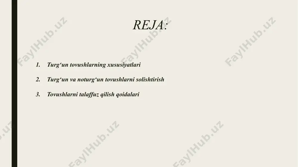 noturg‘un tovushlar (transient/stop consonants) noturg‘un tovushlar — tovush chiqarilganda og‘iz, til yoki tomoq organlari qisqa muddat harakat qiladi yoki havo oqimi to‘silib, keyin birdaniga chiqariladi. shu sababli ular tez hosil bo‘ladi va qisqa davom etadi. xususiyatlari: tovush paytida organlar bir-biriga tegadi yoki havo oqimini qisqa muddat to‘sadi. tovush qisqa, impulsli va aniqlanadi. ko‘pincha noturg‘un tovushlar talaffuzda kuchli aks etadi, so‘zning boshida yoki o‘rtasida seziladi. ovozli va ovozsiz noturg‘un tovushlar: ovozli: b, d, g, j ovozsiz: p, t, k, ch misollar so‘zlarda: p — “pishloq”, “poytaxt” t — “taom”, “tosh” k — “kitob”, “ko‘cha” b — “bola”, “bazar” d — “daraxt”, “daryo” xususiyat turg‘un tovush noturg‘un tovush ovoz chiqarish organlari barqaror, kam harakat tez harakat, havo to‘siladi havo oqimi uzluksiz yoki deyarli to‘sqinliksiz qisqa, to‘silib keyin chiqariladi davomiyligi uzoqroq qisqa, impulsli misollar s, z, f, sh p, t, k, b, d, ch ovoz turi ovozli va ovozsiz ovozli va ovozsiz talaffuzdagi …