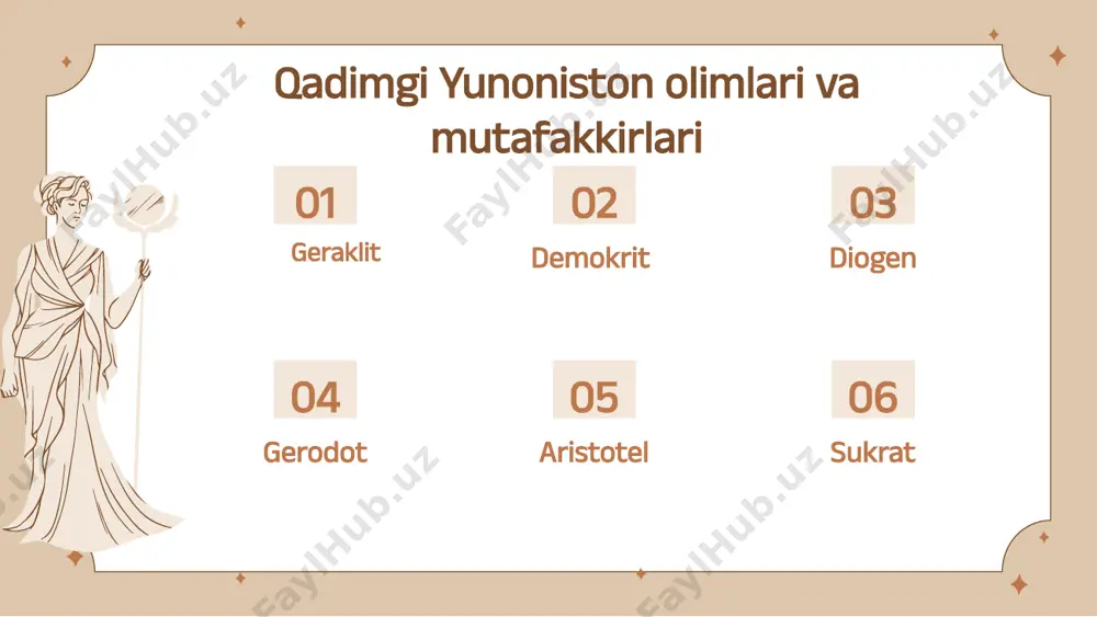 degan nom berilgan. qadimgi yunoniston olimlari va mutafakkirlari 05 . aristotel qadimgi yunoniston olimlari va mutafakkirlari qadimgi yunon olimi aristotel to‘plangan bilimlarni alohida tarmoqlarga ajratdi va ularni mustaqil fanlar sifatida ta’riﬂab berdi. aristotelni sharqda «arastu» deya aytish keyinchalik odatga aylangan. qadimgi yunoniston olimlari va mutafakkirlari 06 . sukrat qadimgi yunoniston olimlari va mutafakkirlari aﬁnalik mashhur faylasuf sokrat (sharqda keyinchalik «suqrot» tarzida aytilgan) o‘zining dono hikmatlari tufayli shaharning eng aqlli kishisi deb e’lon qilingan edi. bunga javoban suqrot shunday debdi: «hech narsani bilmasligimni bilganim uchun ham meni donishmand deb hisoblashsa kerak». suqrot o‘z ﬁkrlarini og‘zaki bayon qilgan. uning g‘oyalari platon degan boshqa bir yunon faylasuﬁ orqali bizgacha yetib kelgan. platonni biz «aﬂotun» sifatida bilamiz. suqrot fuqarolarning axloqiy-ma’naviy tarbiyasiga katta ahamiyat bergan. delﬁya ibodatxonasidagi bitik uning sevimli hikmati bo‘lgan: «o‘z-o‘zingni angla!» suqrot, ayniqsa, ochko‘zlik va molparastlik singari nuqsonlarni qattiq tanqid qilgan. bozor bo‘ylab sayr qilib yurganida shunday degan ekan: «shuncha narsadan bemalol …