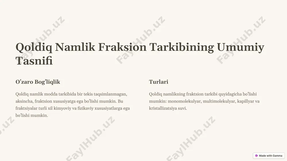 ashtirilgan parchalash namlikning ba'zi fraktsiyalari tabletkaning suv bilan aloqasini oshirib, parchalanish tezligini oshirishi mumkin. 2 se kinlashtirilgan parchalash boshqa fraktsiyalarda namlik tabletkaning suv bilan aloqasini qiyinlashtirib, parchalanish tezligini sekinlashtirishi mumkin. 6 qoldiq namlik fraksion tarkibining tabletka mustahkamligi va yemirilishiga ta'siri mustahkamlikni o'zgartirish qoldiq namlik tabletkaning mustahkamligiga ta'sir qiladi. namlikning ba'zi fraktsiyalari tabletka mustahkamligini oshirishi mumkin, boshqalari esa uni kamaytirishi mumkin. yemirilishiga ta'siri namlikning mavjudligi tabletkaning yemirilishiga ham ta'sir qiladi. yuqori namlik tabletka yemirilishiga olib kelishi mumkin, chunki u zarrachalarni bir-biriga yopishtirishga olib keladi. 7 qoldiq namlik fraksion tarkibining tabletka dispersiyasiga ta'siri 1 hajm taqsimoti 2 bir tekislik 3 bioerish qoldiq namlik tabletka dispersiyasiga ta'sir qiladi. u tabletka ichida zarrachalar hajmi va shakli taqsimotini o'zgartirishi mumkin. bu esa tabletkaning biologik erish tezligiga ham ta'sir qilishi mumkin. 8 qoldiq namlik fraksion tarkibining biologik erish tezligiga ta'siri 1 tezlashtirish 2 se kinlashtirish 3 o'zgarmaslik qoldiq namlik tabletkaning biologik erish tezligiga ta'sir qiladi. u …