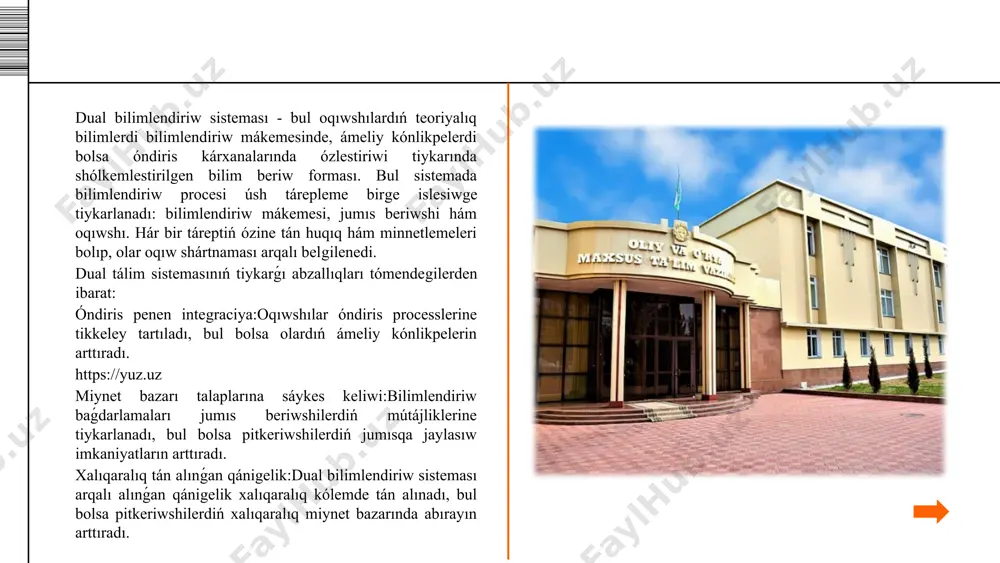 masında dual bilimlendiriwdi shólkemlestiriw ilajları haqqında"ǵı 2021-jıl 29-marttaǵı 163-sanlı qararı qabıl etildi. usı qarar menen 4 baptan ibarat bolǵan professional bilimlendiriw sistemasında dual bilimlendiriwdi shólkemlestiriw tártibi haqqında reje tastıyıqlanıp, búgingi kúnde oqıwshılar usı reje talapları tiykarında dual bilimlendiriw túri boyınsha oqıwǵa qabıl etilmekte. dáslepki jılı dual bilimlendiriw forması boyınsha kolledj hám texnikumlarǵa mektepke shekemgi bilimlendiriw, temir jol hám qurılıs sıyaqlı tarawlarǵa 2 mıńnan aslam oqıwshılar oqıwǵa qabıl etilgen bolsa, keyin ala kárxanalardıń usı bilimlendiriw formasında ózleri ushın orta buwın kadrların tayarlawǵa zárúrliginiń artıp barıwı nátiyjesinde dual bilimlendiriw forması keńeyip bardı. bul bilimlendiriw túrinde jumıs beriwshilerge eń jaqsı qánigelerdi tańlap alıw hám jumısqa qabıl etiw imkaniyatı jaratıldı desek qáte bolmaydı. 2022-2023-oqıw jılında professional bilimlendiriw mákemelerine 4,5 mıńǵa shamalas jaslar dual tálim formasında oqıwǵa qabıl etildi hám joqarıda atap ótilgen tarawlarǵa qosımsha málimleme texnologiyaları, jeńil sanaat, awıl xojalıǵı hám xızmet kórsetiw sıyaqlı tarawlarda da usı tálim formasında orta buwın kadrlar tayarlaw jolǵa …