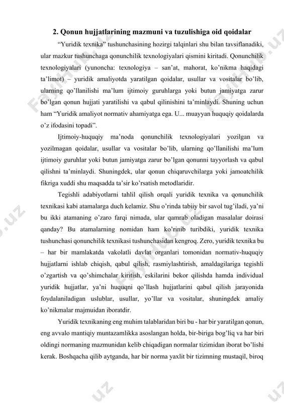 alar bo’lib, ularning qo’llanilishi ma’lum ijtimoiy guruhlar yoki butun jamiyatga zarur bo’lgan qonunni tayyorlash va qabul qilishni ta’minlaydi. shuningdek, ular qonun chiqaruvchilarga yoki jamoatchilik fikriga xuddi shu maqsadda ta’sir ko’rsatish metodlaridir. tegishli adabiyotlarni tahlil qilish orqali yuridik texnika va qonunchilik texnikasi kabi atamalarga duch kelamiz. shu o’rinda tabiiy bir savol tug’iladi, ya’ni bu ikki atamaning o’zaro farqi nimada, ular qamrab oladigan masalalar doirasi qanday? bu atamalarning nomidan ham ko’rinib turibdiki, yuridik texnika tushunchasi qonunchilik texnikasi tushunchasidan kengroq. zero, yuridik texnika bu – har bir mamlakatda vakolatli davlat organlari tomonidan normativ-huquqiy hujjatlarni ishlab chiqish, qabul qilish, rasmiylashtirish, amaldagilariga tegishli o’zgartish va qo’shimchalar kiritish, eskilarini bekor qilishda hamda individual yuridik hujjatlar, ya’ni huquqni qo’llash hujjatlarini qabul qilish jarayonida foydalaniladigan uslublar, usullar, yo’llar va vositalar, shuningdek amaliy ko’nikmalar majmuidan iboratdir. yuridik texnikaning eng muhim talablaridan biri bu - har bir yaratilgan qonun, eng avvalo mantiqiy muntazamlikka asoslangan holda, bir-biriga bog’liq va har biri …