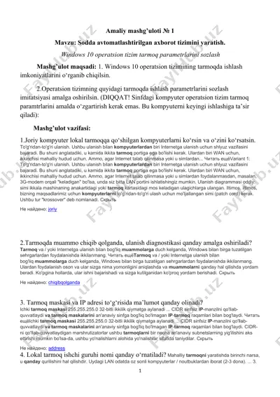 windows 10 operatsion tizim tarmoq parametrlarini sozlash — DOCX