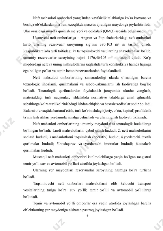 rvuarlar saroyining hajmiga ko`ra turlicha bo`ladi. taqsimlovchi neft omborlari mahsulotlarni olib keluvchi transport vositalarining turiga ko`ra: suv yo`lli; temir yo`lli va avtomobil yo`llilarga bo`linadi. temir va avtomobil yo`lli omborlar esa yaqin atrofida joylashgan barcha ob`ektlarning yer maydoniga nisbatan pastroq joylashgan bo`ladi. rezervuarlar neft mahsulotlarini saqlashdagi asosiy qurilmalar bo`lib, ularda ko`p miqdordagi qimmatbaho mahsulotlar saqlanadi. neft mahsulotlarining saqlash sharoitlariga ko`ra, ular tiniq va qora neft mahsulotini saqlovchilarga bo`linadi. tayyorlanadigan materiallari bo`yicha: metalldan va metallsiz materiallardan yasalgan rezervuarlarga bo`linadi. metall rezervuarlar asosan po`latdan yasaladi. nometall rezervuarlarga temirbeton va turli sintetik materiallaridan tayyorlangan rezervuarlar kiradi. rezervuarlar joylashishiga ko`ra: yer usti, yarim yer osti va yer osti ko`rinishida bo`ladi. yarim yer osti rezervuarlari balandligining yarmi yer yuzasidan pastda joylashgan bo`ladi. tuzilishi (tashqi ko`rinishi) bo`yicha rezervuarlar: to`g`ri to`rtburchakli, silindr, konus, sferik va tomchi ko`rinishida bo`ladi. rezervuarlar formasi (ko`rinishi) ni tanlash, ishlatilish maqsadi neft mahsulotining xossasi va saqlash sharoitiga ko`ra amalga oshiriladi. hozirgi paytda ishlatilayotgan rezervuarlarning …