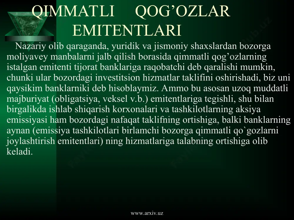 on kompaniya” tushunchalari ko`pincha sinonim hisoblanadi. farqi shundaki, investitsion kompaniyalar bir nechta investitsion fondlarni tarkibiga olishi mumkin, qimmatli qog’ozlar yig’imi sifatida (investitsiyalar portfeli), qaysikim alohida menedjerlar jamoasi boshqaradi. boshqaruv kompaniyasi deb ataluvchi kompaniyada barcha investitsion fondlarning aksiya poketlari boshqaruvi bo`ladi. www.arxiv.uz www.arxiv.uz moliyaviy kompaniyalar ularning ustav faoliyati bilan to`laroq tanishib chiqadigan bo`lsak, ular investitsion kompaniyalardan hecj bir jihaddan ajralishmaydi. g’arb amaliyotida moliyaviy kompaniya deganda yetarlicha kichik doirada ya’ni aniq bir turdagi faoliyat bilan shugullanuvchi, ya’ni o`zining kompaniyalarining qo`yimlarini diversifikatsiyasiga ega emas bo`lgan korparatsiyalarni tushinish mumkin. qoidasiga ko`ra, moliyaviy va investitsion kompaniyalar, xolding kompaniyalaridan farq qilgan xolda, o`zlari tomonidan moliyalangan korparatsiyalarining aksiya poketi nazoratiga ega emas. www.arxiv.uz www.arxiv.uz diling markazlari uncha ko`p bo`lmagan vaqt ichida rossiya bozorida investitsiya xizmatlarining yana bir turi paydo bo`ldi – mijozga xalqaro moliya bozorlariga o`rtachiliksiz chiqish imkonini beruvchi va o`z hisobidan valyuta, qimmatli qog’ozlar va boshqa aktivlar oldi-sotdisini o`tkazib beruvshi – valyuta diling. chet elda bir …
